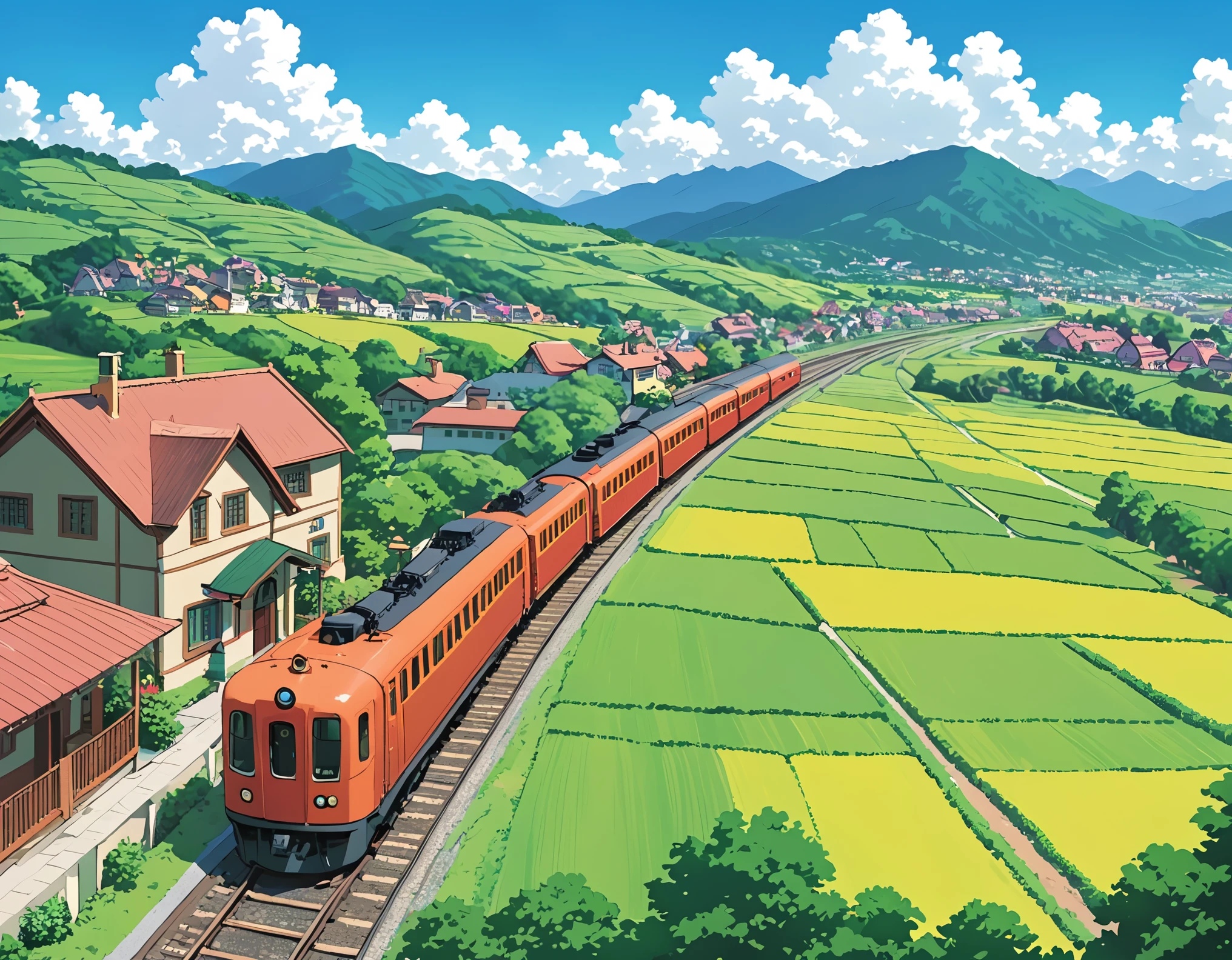 A train is moving on the tracks in front of green fields. Houses and mountains can be seen in the distance. In the style of Studio Ghibli, in the style of Ghibli anime, with simple flat colors on a sunny day with a blue sky and white clouds. Vibrant colors and highly detailed.