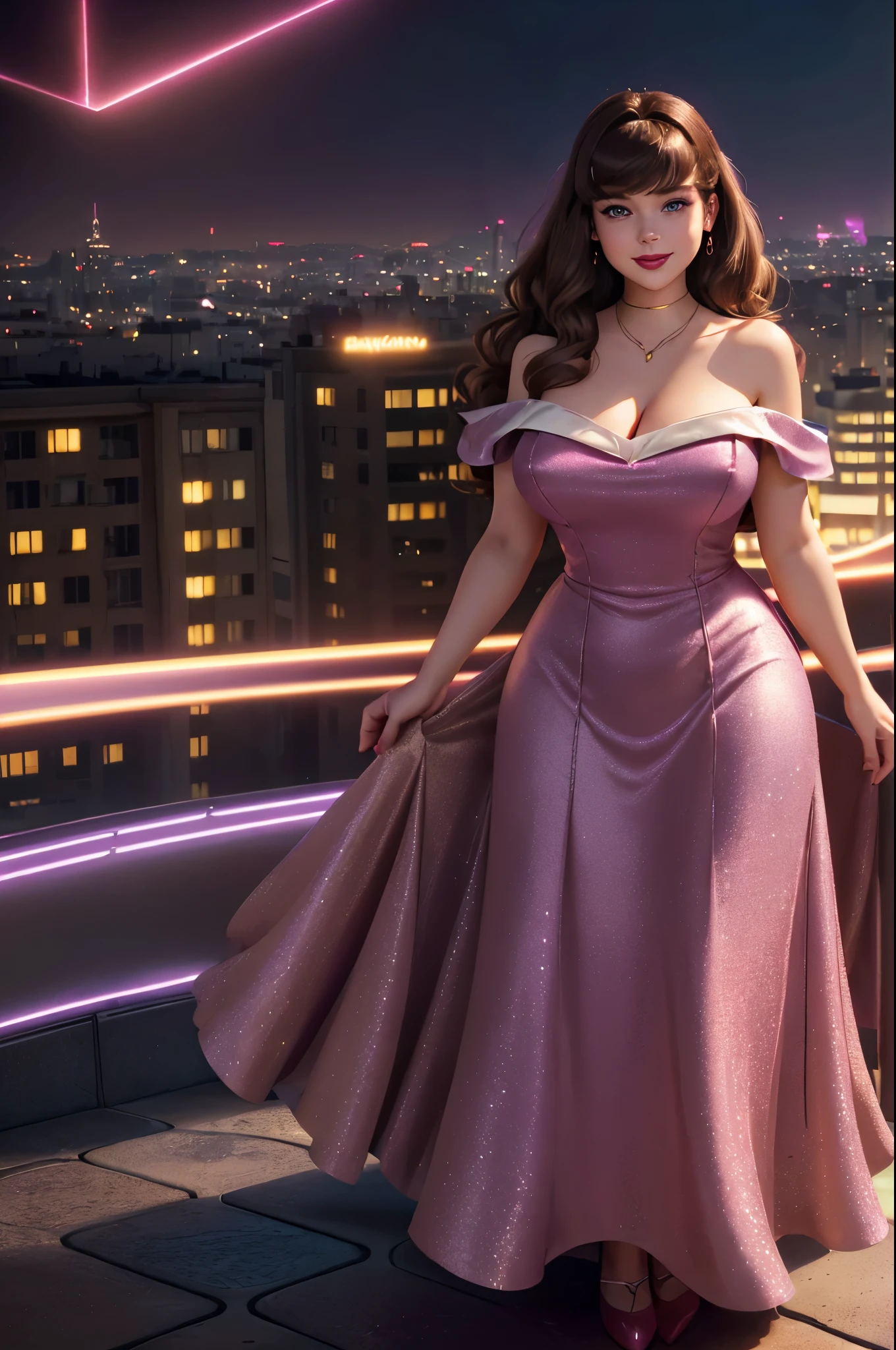 DisneyAurora 27 years old, ((( Taylor Swift:Emma Stone:0.7))) Beautiful woman (((shoulder length wavy light brown hair))) (bangs:1.2) (sparkling magenta dress, long skirt) iridescent clothing (purple eyes) defined body, Red lipstick, smiling, hands free, standing, high tech cyberpunk city rooftop, night, (huge_breasts:1.4) (curvy:1.3)(chubby:1.3)