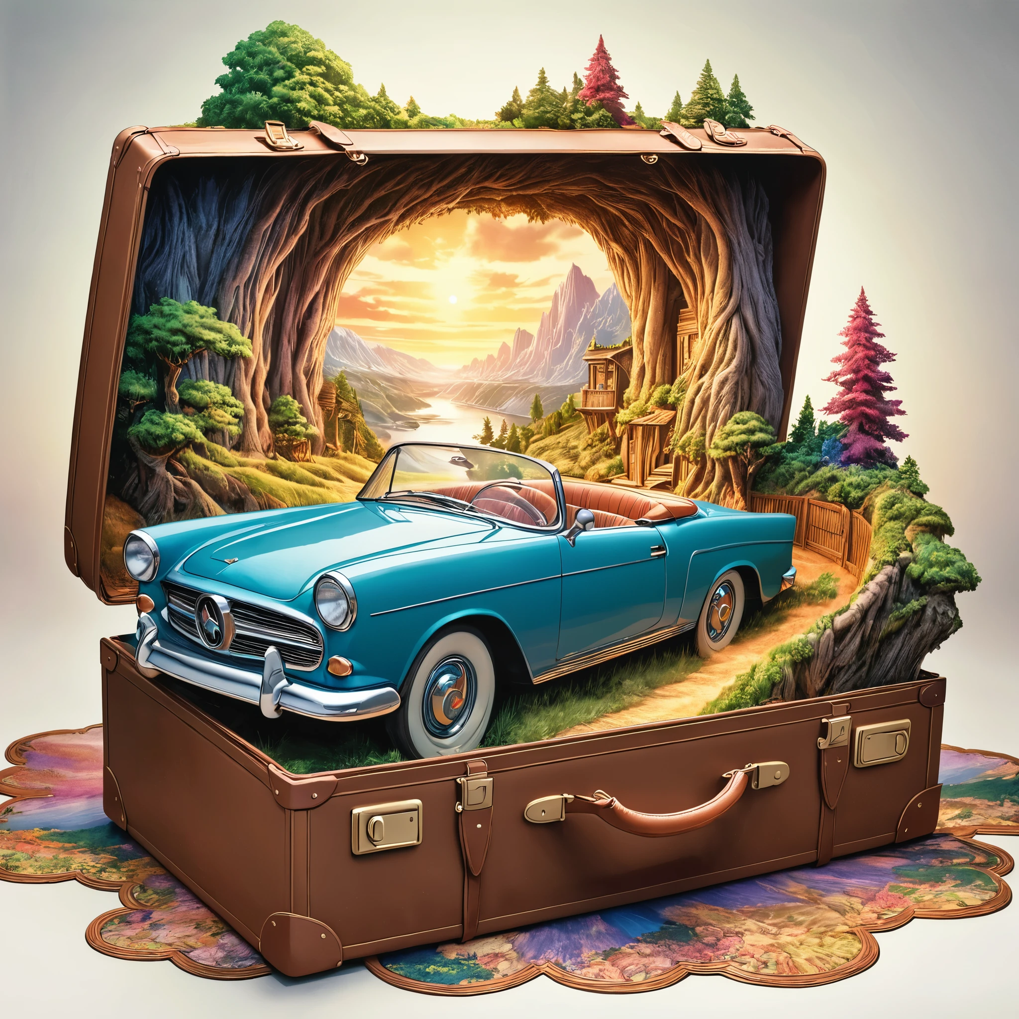 a stunning colored coloring image of an open suitcase, with a fantasy scene rising from the inside, featuring a stunning car. Highly detailed, on a light background