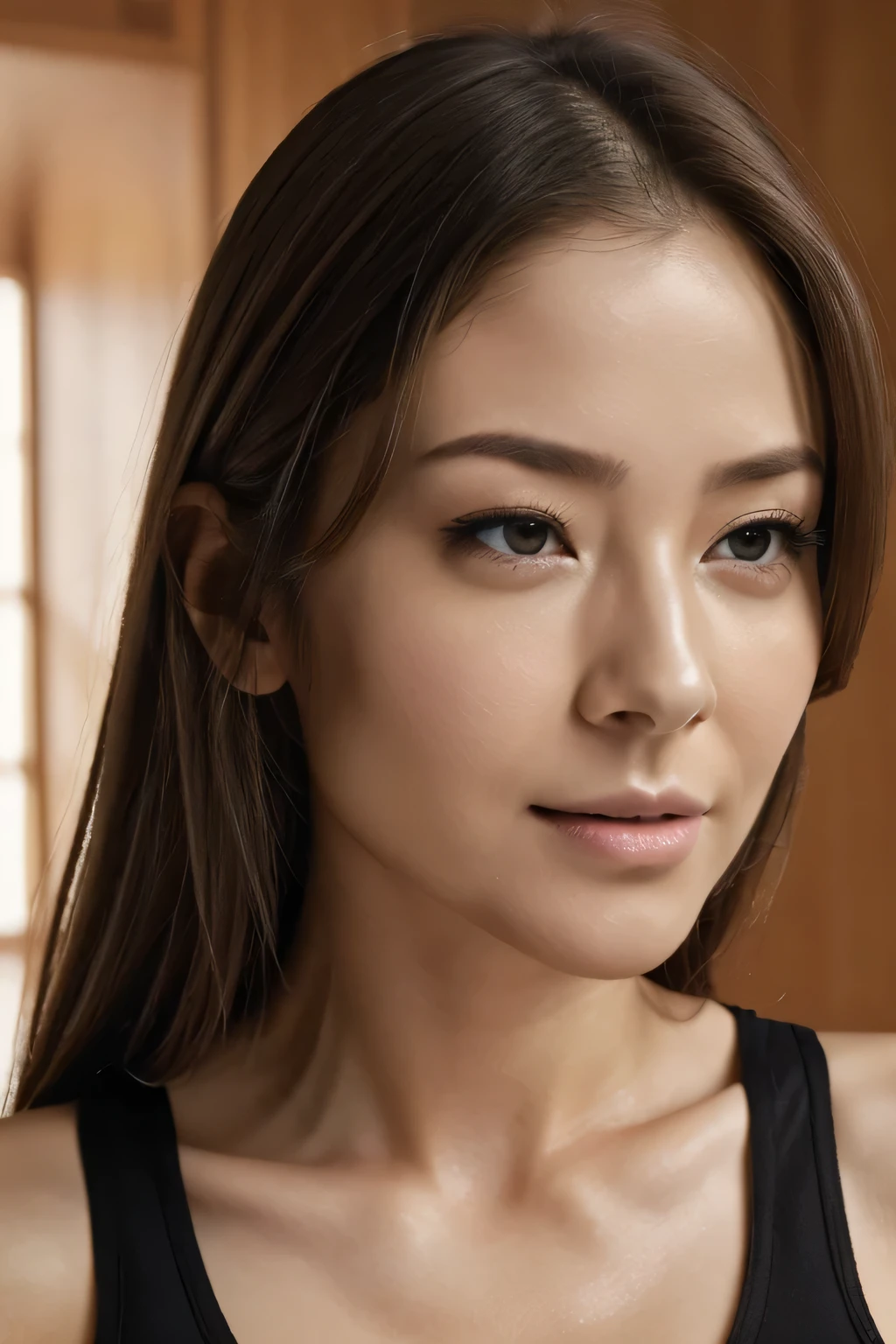 1 girl、超High resolution, retina, Accurate, masterpiece, Anatomically correct, Super Detail, Textured skin, Attention to detail, high quality, High resolution, 8k、Big double eyelids、nose、The focus is on the mouth、close-up focus on face、Woman with open mouth and closed eyes、30 years old、Brown Hair、Black tank top,(Oilskin)Orgasm and high energy,