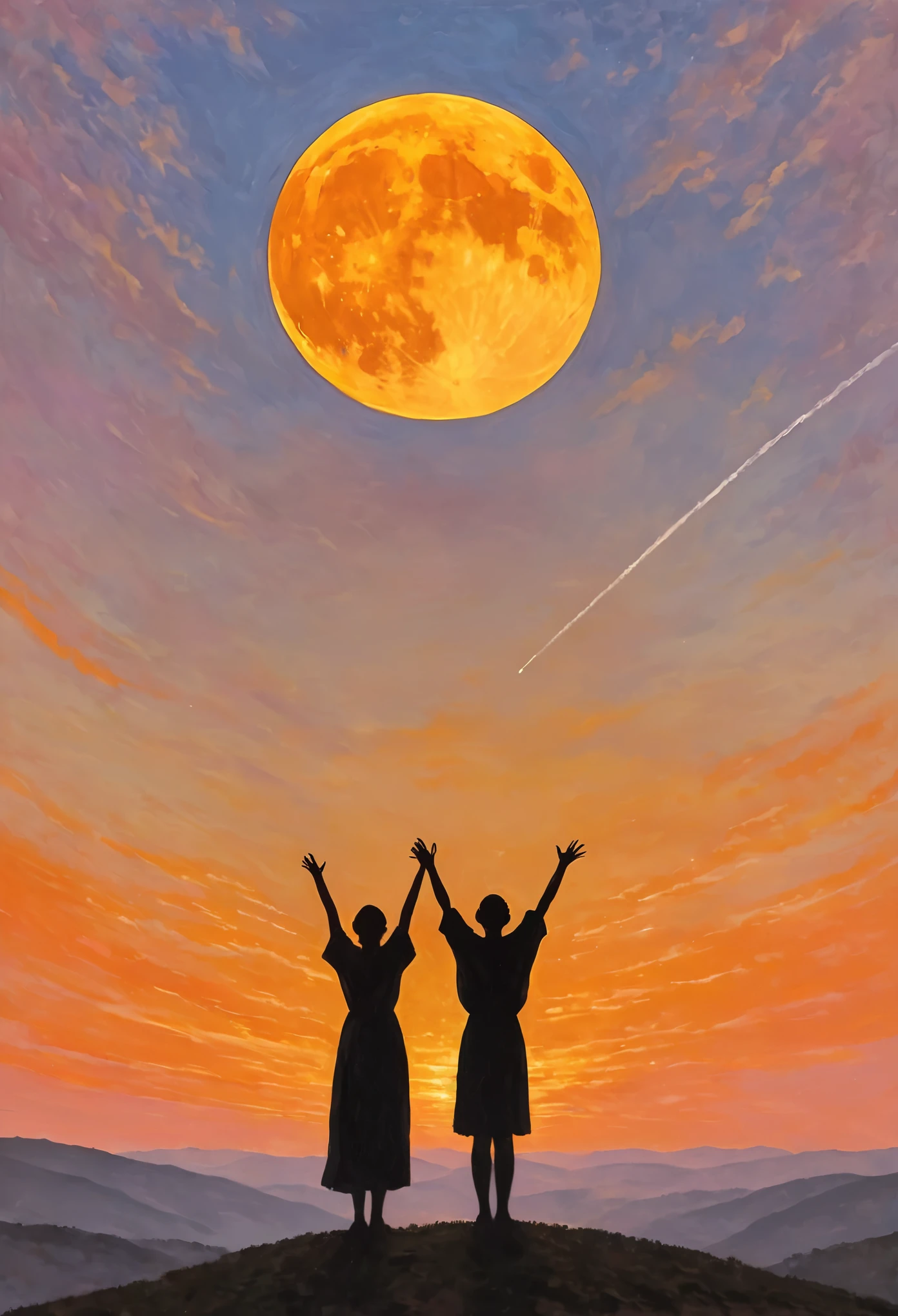 The image depicts two silhouetted figures reaching up towards the sky at sunset or sunrise. A bright full moon hangs in the pinkish-orange sky, with a faint contrail streaking across. The scene could be framed as "Grasping for Dreams" - the outstretched arms of the silhouettes seem to symbolically reach for the celestial bodies, representing aspirations and ambitions stretching beyond the earthly realm into the vast expanse above. oil painting, in the style of the painter Claude Monet