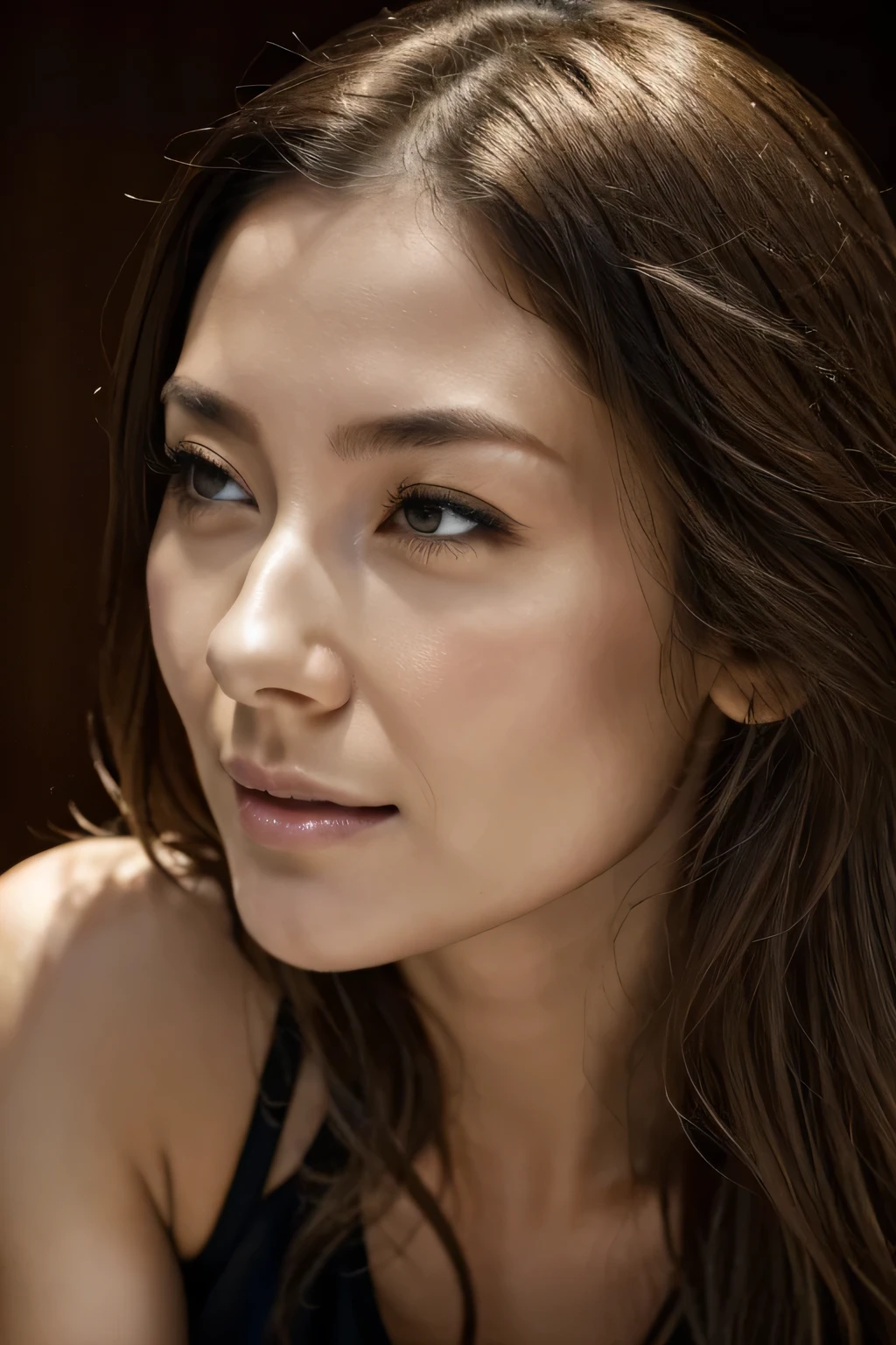 1 girl、超High resolution, retina, Accurate, masterpiece, Anatomically correct, Super Detail, Textured skin, Attention to detail, high quality, High resolution, 8k、Big double eyelids、nose、The focus is on the mouth、close-up focus on face、Woman with open mouth and closed eyes、30 years old、Brown Hair、Black tank top,(Oilskin)Orgasm and high energy,