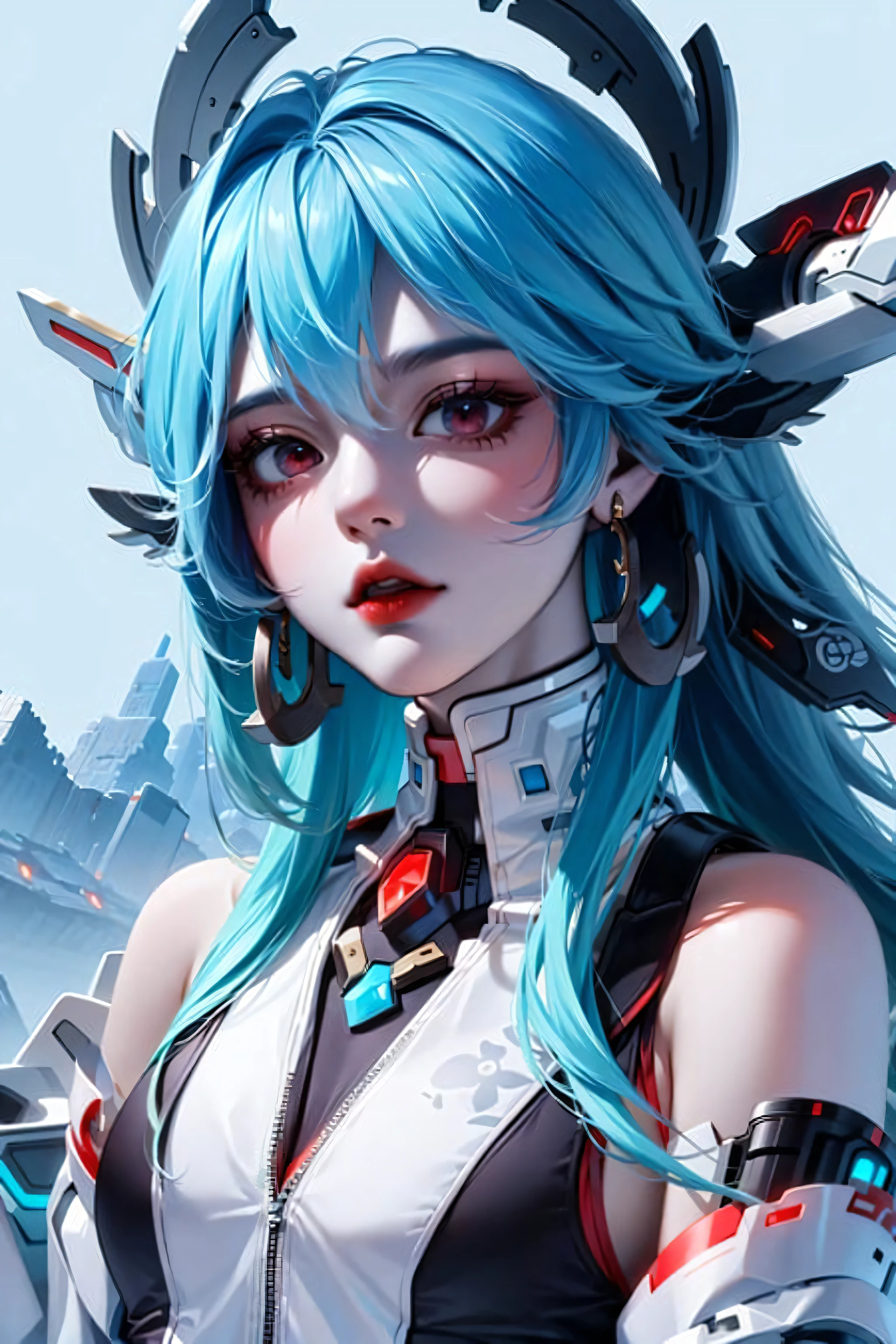 (high quality), (masterpiece), (detailed), 8K, Hyper-realistic portrait of (Japanese futuristic maiden1.3) showcases sleek (upper body1.2) clad in (high-tech kimono1.2) with (neon-lit accents1.2) and ( metallic obi1.2). (Cybernetic hairpins1.2) hold up (short, spiky locks1.2) as (piercing blue eyes1.2) gaze directly at the viewer. (Futuristic, holographic tattoos1.2) adorn ( porcelain-like skin1.2), while (delicate, mechanical limbs1.2) blend seamlessly into (modern, high-fashion attire1.2). Trending on Artstation.