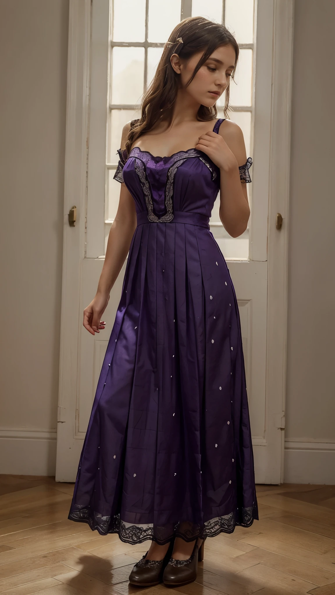 ((masterpiece)), (best quality), (simple style), purple dress, Butterfly heart, pleated lace, Edwardian lace dress. add skin blemishes, acnes, spots beautifully,