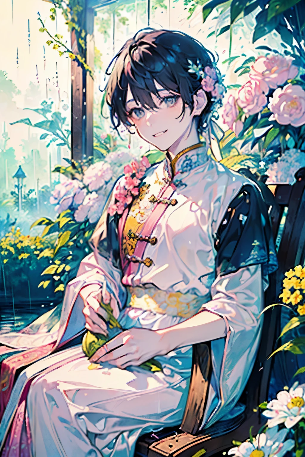 ((old male:1.45))、(masterpiece、highest quality、highest quality、Beautiful and beautiful:1.2)、(Good anatomy:1.5)、Painting of a girl with milky white straight hair、Shy smile、Sparkling Eyes、looking at the camera、Emerging from among the flowers and leaves、Suzuran、(it's raining:1.45)、(pink、white、yellow:1.25)、(Sit down:1.5)、(Older sister sitting:1.3)