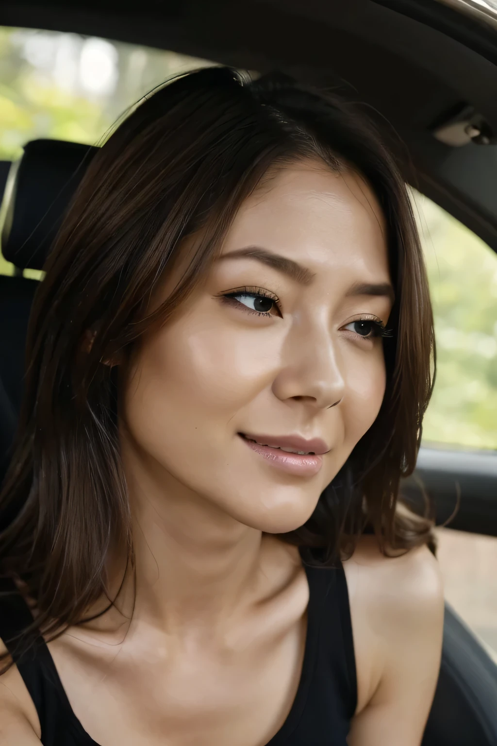 1 girl、超High resolution, retina, Accurate, masterpiece, Anatomically correct, Super Detail, Textured skin, Attention to detail, high quality, High resolution, 8k、Big double eyelids、nose、The focus is on the mouth、close-up focus on face、Woman with open mouth and closed eyes、30 years old、Brown Hair、Black tank top,(Oilskin)Orgasm and high energy,
