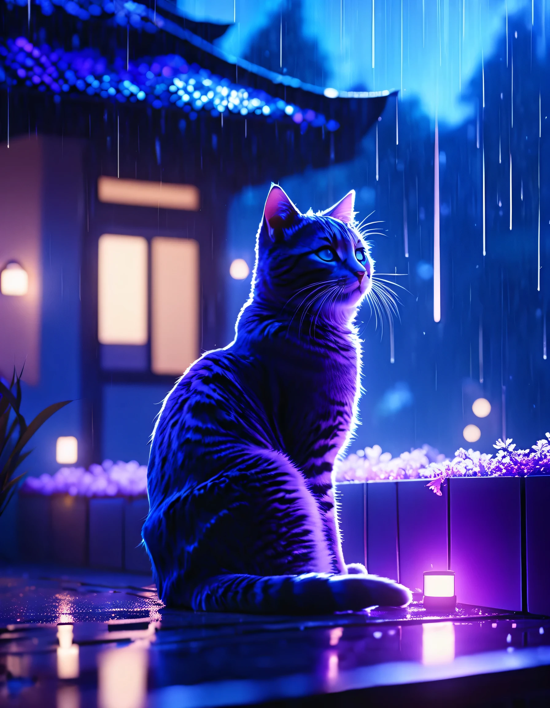 masterpiece, highest quality, Light Particles, Pixiv, depth of Field, Cinematic Compotization, Best lighting, Outdoor, (Lens flare:0.6), Field, scenery, , Fantasy, , 8k, 4K, , Blue Theme, Purple light, rain, , 1 cat, roof