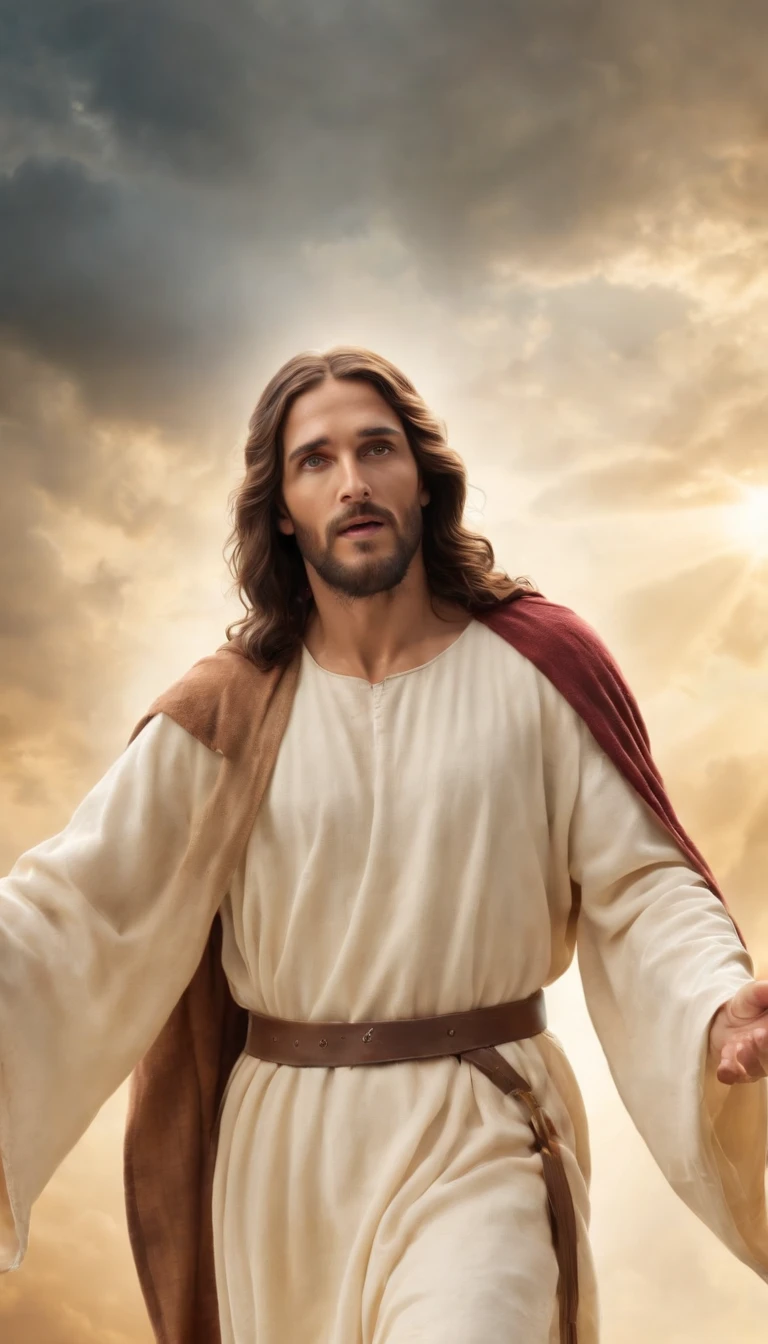Jesus Cristo voando sobre as nuvens passando por Deus e seus anjos com armaduras Angelicais