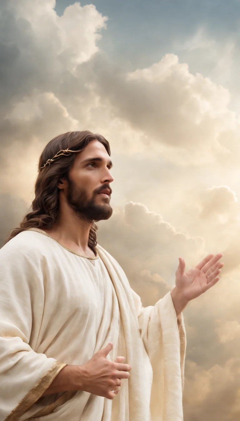 Jesus Cristo voando sobre as nuvens passando por Deus e seus anjos com armaduras Angelicais