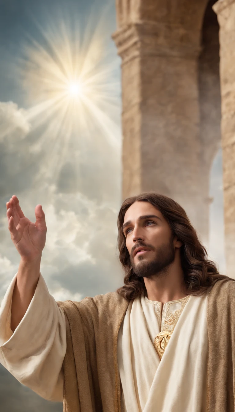 Jesus Cristo voando sobre as nuvens passando por Deus e seus anjos com armaduras Angelicais