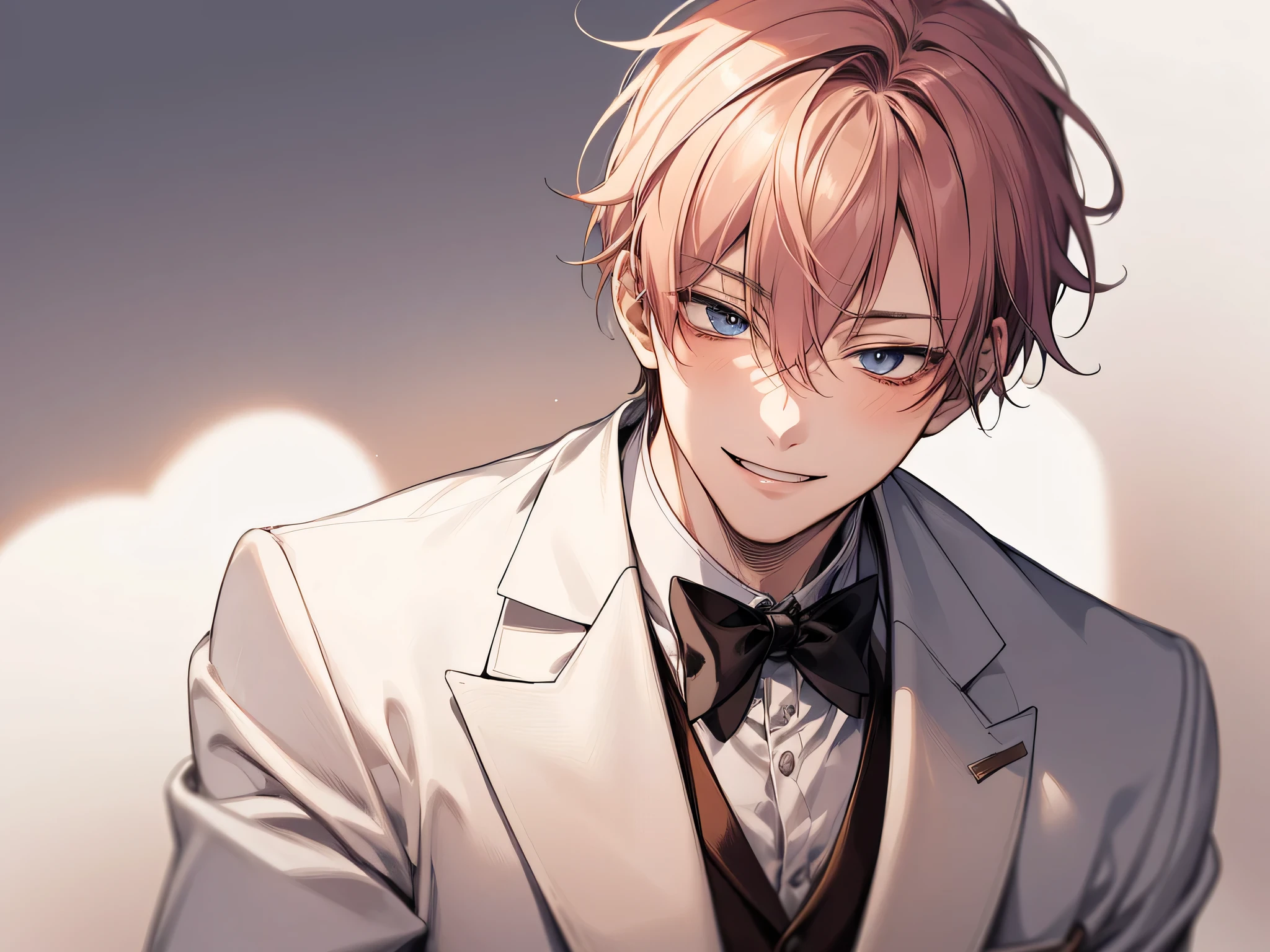 masterpiece,Face close-up,Angle from below,male, Very childish face,20-year-old,(male1 person)、solo,Adult,A kind smile,Tea-colored hair,mash,Gentle eyes,Lewd Eyes,White tuxedo,ribbon,Background blur