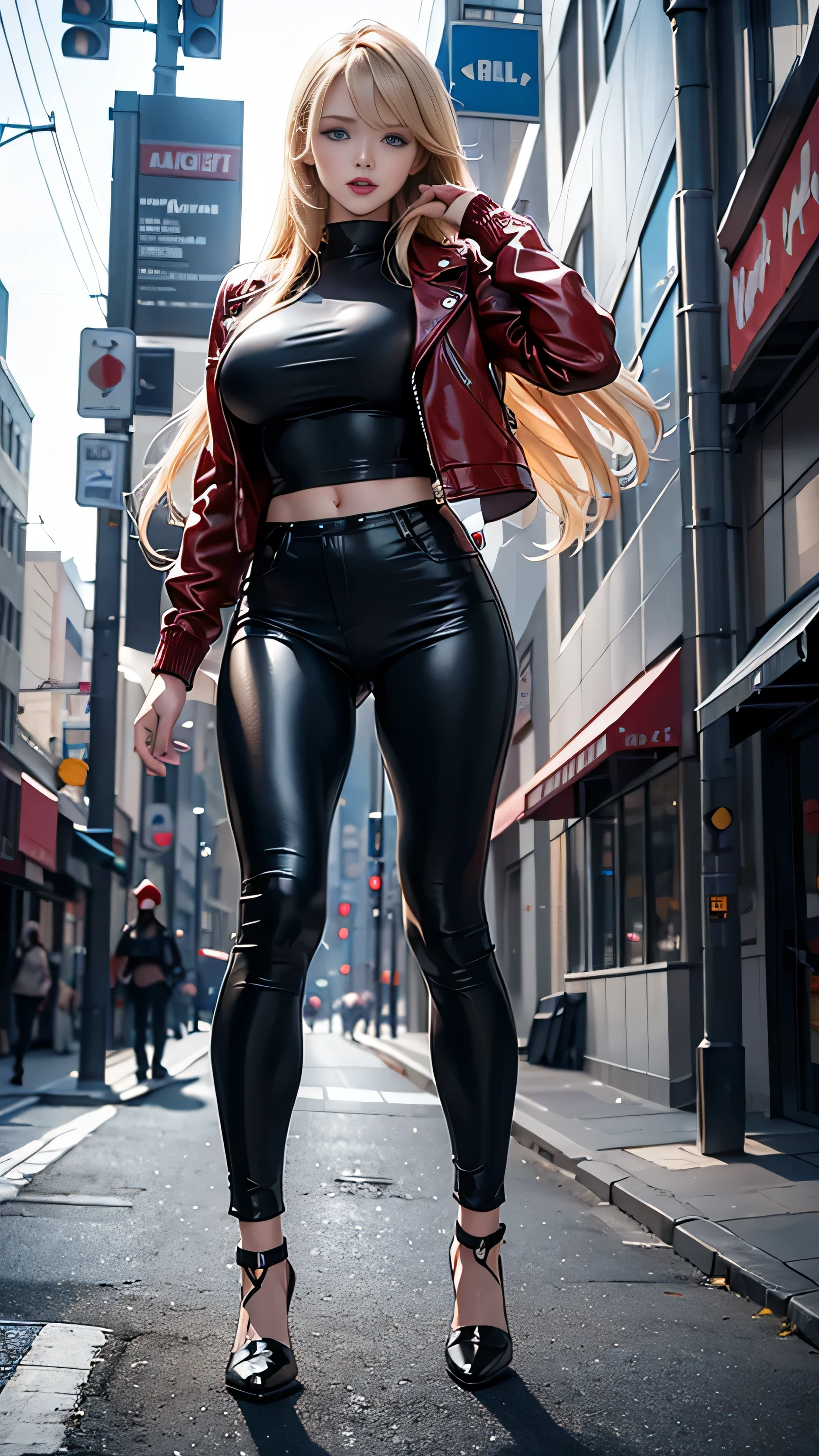 full body Realism, ****************, long blond hair, bangs falling on her face, blue eyes, slightly open mouth, red lips, beautiful hairstyle, light makeup, round breasts, in a leather jacket, tight leather pants, beautiful shoes on her feet, walking city street in the background , detailed appearance, detailed hairstyle, detailed environment, detailed background, dark futuristic dead city in the background, the photo was taken with a photorealistic SLR camera, resolution full hd, 8K