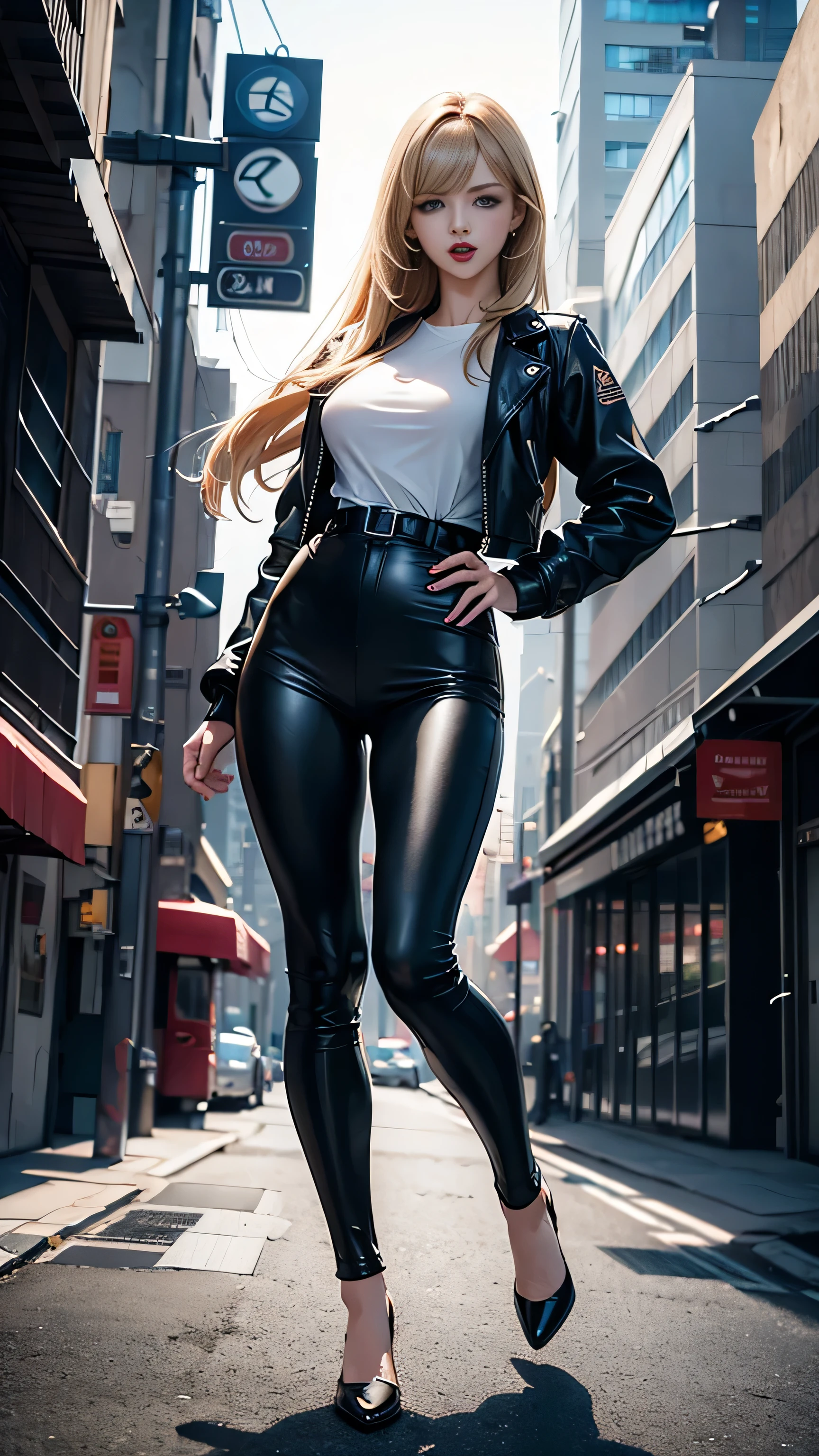 full body Realism, ****************, long blond hair, bangs falling on her face, blue eyes, slightly open mouth, red lips, beautiful hairstyle, light makeup, round breasts, in a leather jacket, tight leather pants, beautiful shoes on her feet, walking city street in the background , detailed appearance, detailed hairstyle, detailed environment, detailed background, dark futuristic dead city in the background, the photo was taken with a photorealistic SLR camera, resolution full hd, 8K