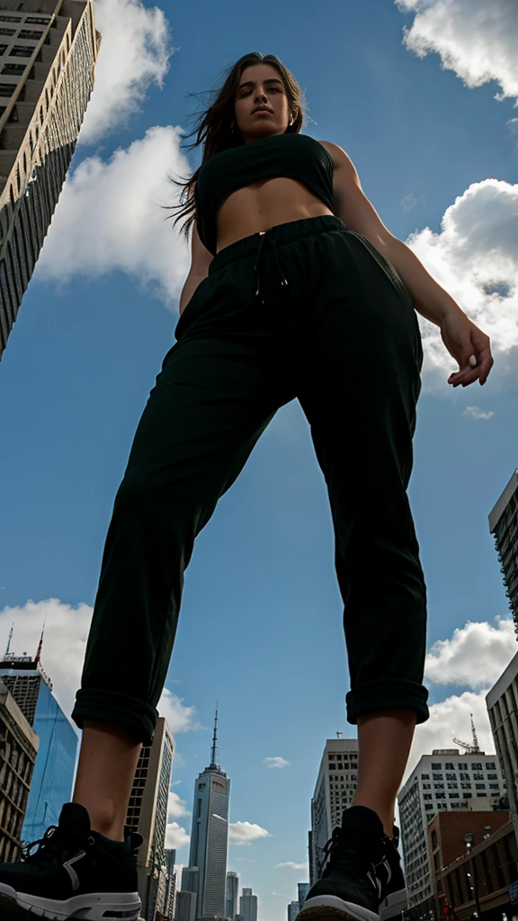 "A towering Giantess in a cool and laid-back hippie style is rocking a crop top and baggy pants. Her toned and athletic build hints at her massive strength. She seems to be casually strolling through the bustling cityscape of GTS City, as towering buildings loom overhead. Smoke and clouds roil around her, adding to the sense of epic scale and drama. The lighting is dark, gloomy, and realistic, creating a tense and ominous atmosphere. The perspective is from below, emphasizing the sheer majesty and power of the Giantess.", mybeauties.