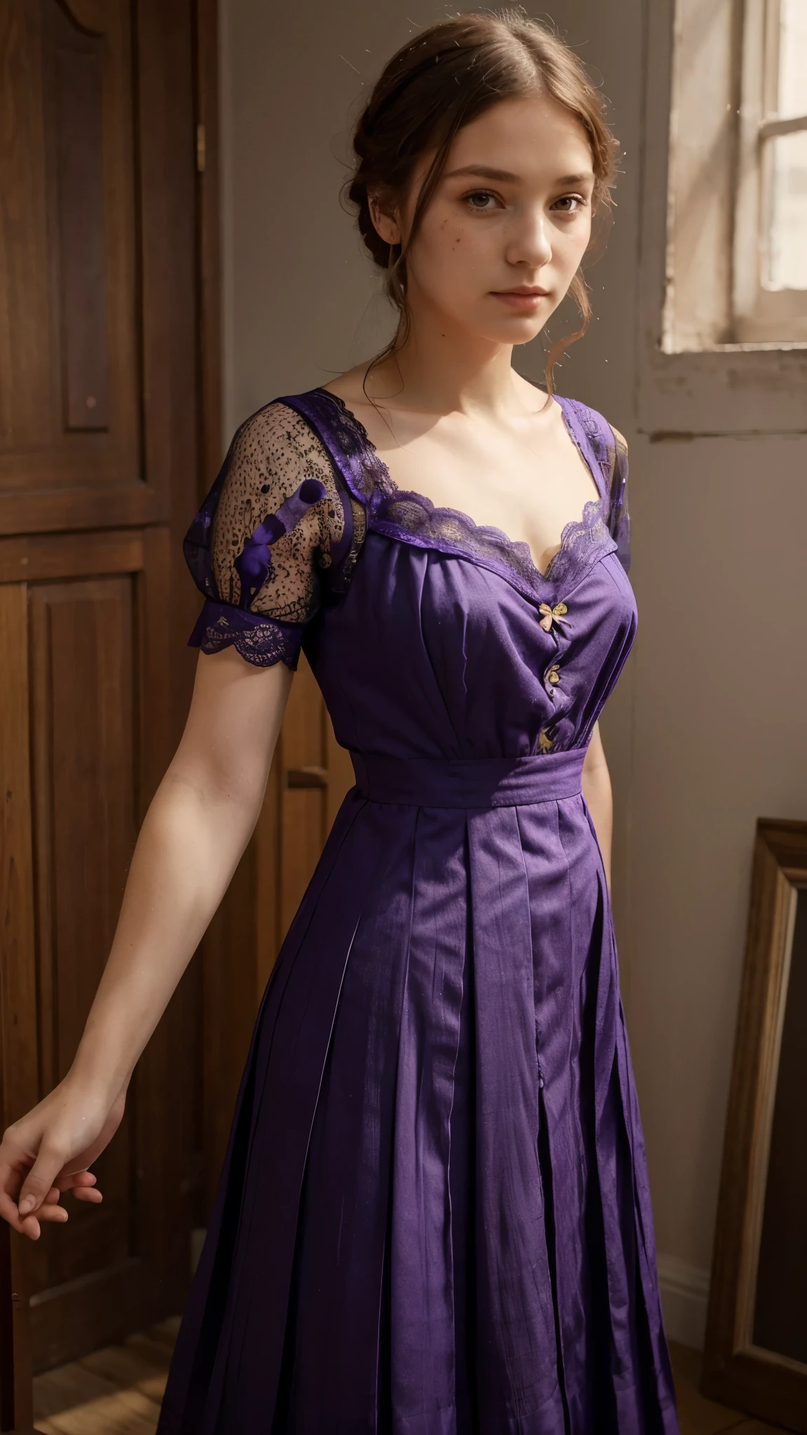 ((masterpiece)), (best quality), (simple style), purple dress, Butterfly heart, pleated lace, Edwardian lace dress. add skin blemishes, acnes, spots beautifully,