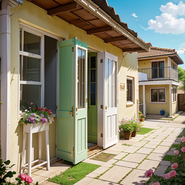 Painting of the exterior of a three-story small western-style building, white walls, light green doors and windows, pink rose flowers, flower vines, anime background art, relaxation concept art, anime landscape concept art, very detailed scenes, beautiful artwork illustrations, highly detailed scenes, environmental design illustrations, beautiful anime scenes, anime scenery, detailed soft painting, environmental painting, bright color scheme, 3D wind  