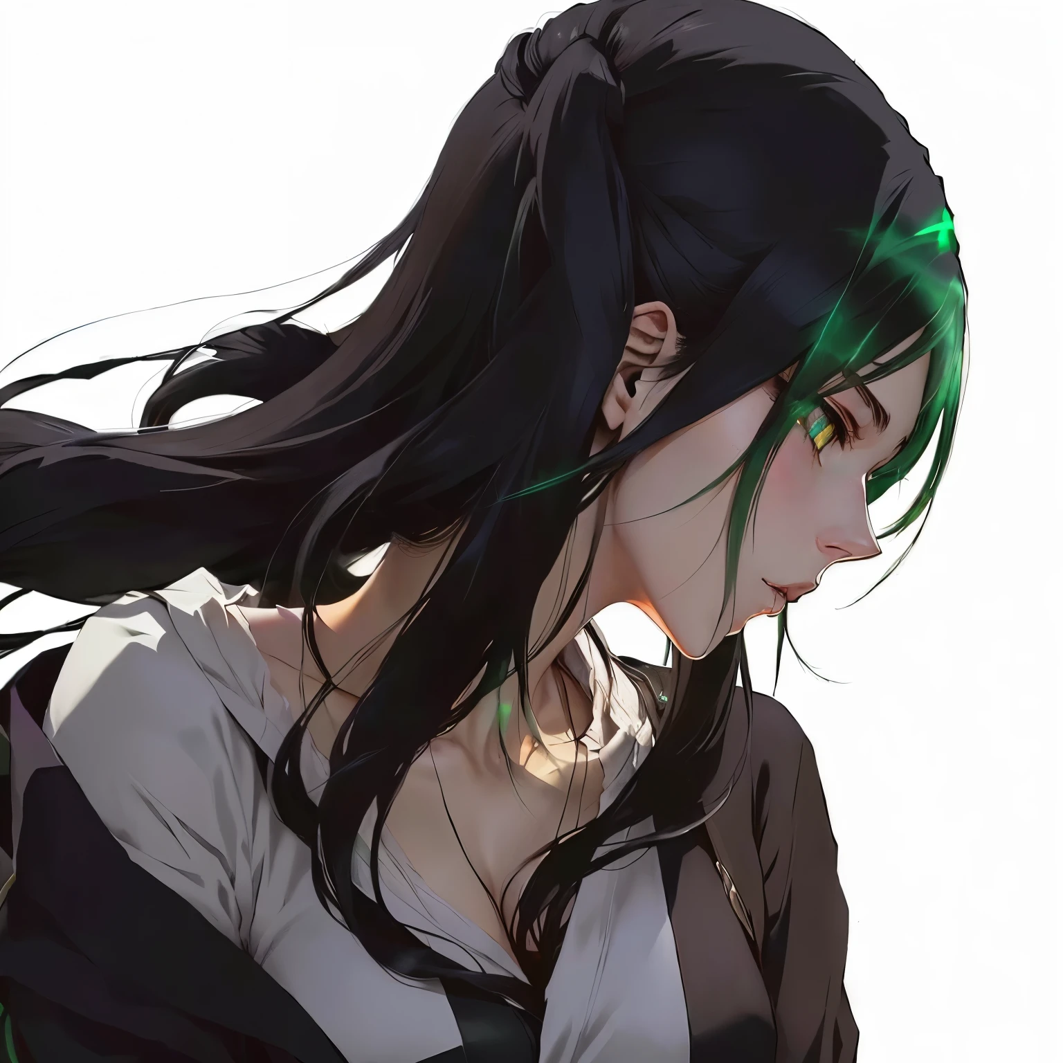 anime girl with long black hair and green eyes looking down, in the anime film ergo proxy, profile of anime girl, in the anime series ergo proxy, rei hiroe black lagoon manga, revy black lagoon, screenshot from guro anime, black lagoon, romanticism lain, close up iwakura lain, kurisu makise steins gate anime, green eyes, glowing green eyes