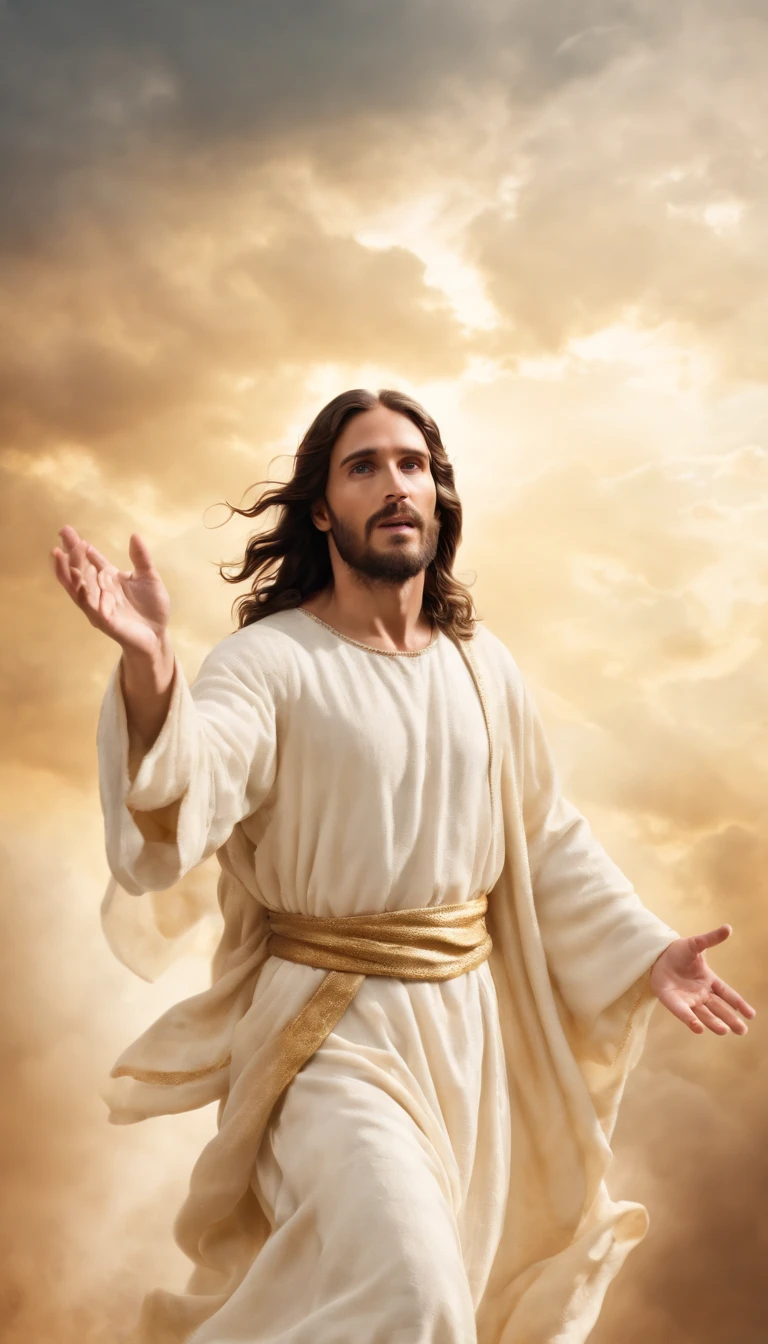 Jesus Cristo voando sobre as nuvens passando por Deus e seus anjos com armaduras Angelicais 