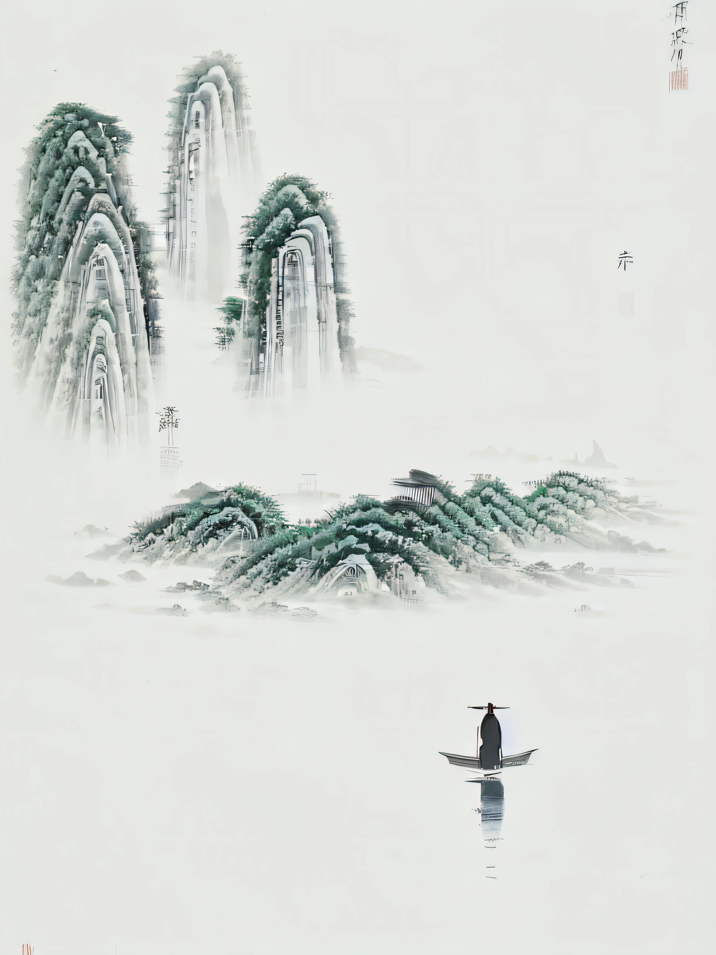 A man is standing in a boat in the water, Chinese painting style, inspired by Fu Baoshi, In the peaceful scenery, by Wu Wei, by Cheng Jiasui, Chinese Ink Painting, author：Xu Xi, by wu daozi, Chinese scenery, by Wu Zuoren, by Shen Shichong, by Luo Mu, author：Wang Lu