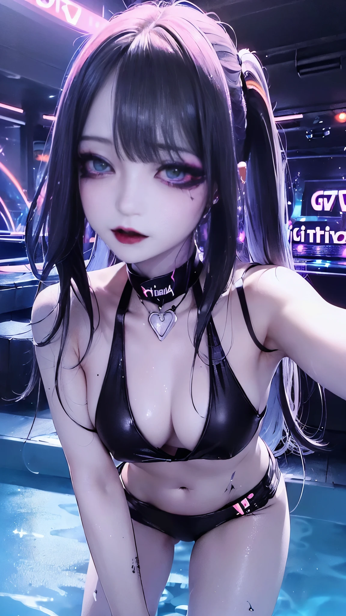 (sfw, masterpiece, highest quality, highest quality, Official Art, beautifully、beautiful:1.2), Cinema Lighting、(Key light at 45 degrees from the front,Orange Fill Light、Soft Blue Backlight、Strong Shadows、Blue and orange color palette), Accurate human body、Knowledgeable person、Correct five-finger、RAW Photos、 4K - ultra-vivid、highest quality, masterpiece, Ultra-high resolution, (reality: 1.4),
(Oilskin,Glowing Skin、Realistic skin texture、Beautiful skin in every detail), (long black straight hair:1.2), (jirai type make UP:1.5), ((Little devil's smile:1.3, Laughing with your mouth open))、((Big Breasts、Sexy Bikini)),
(night:1.8), (((nightclub Night pool:1.3))), Drinking alcohol from a glass bottle