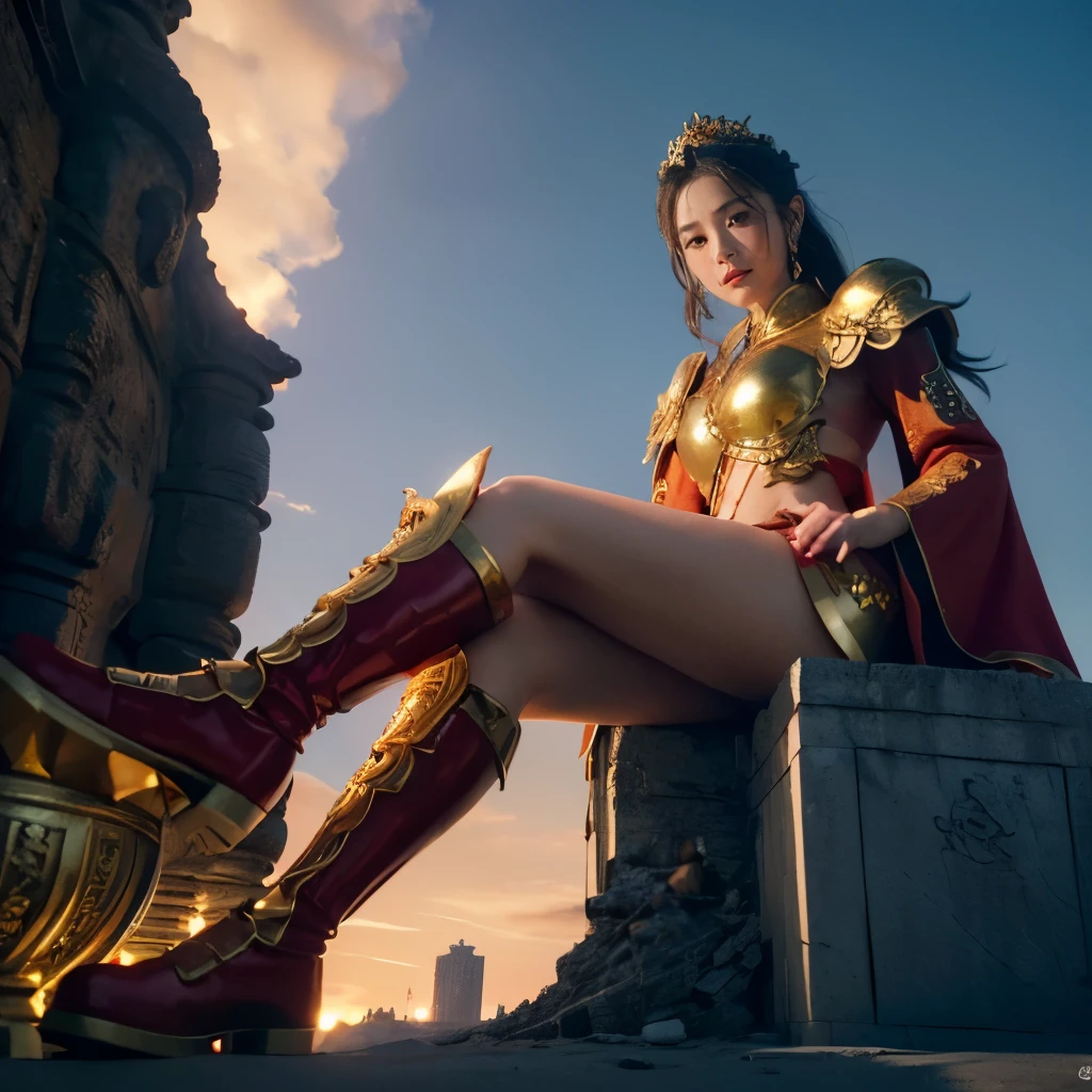 (Giantess with tiny:1.2),(towering gigantic female empress), (dwarfing the city many times over), (seated on a central throne), (wearing red dragon robes over golden armor), (very long legs), (regal fierce expression showing unmatched might), (with teeming masses of tiny subjects worshiping at her feet), (surrounded by grandiose city architecture), (dramatic lighting and shadows cast), (ornate dragon sculptures guarding the scene), (maximally detailed/realistic portrayal)