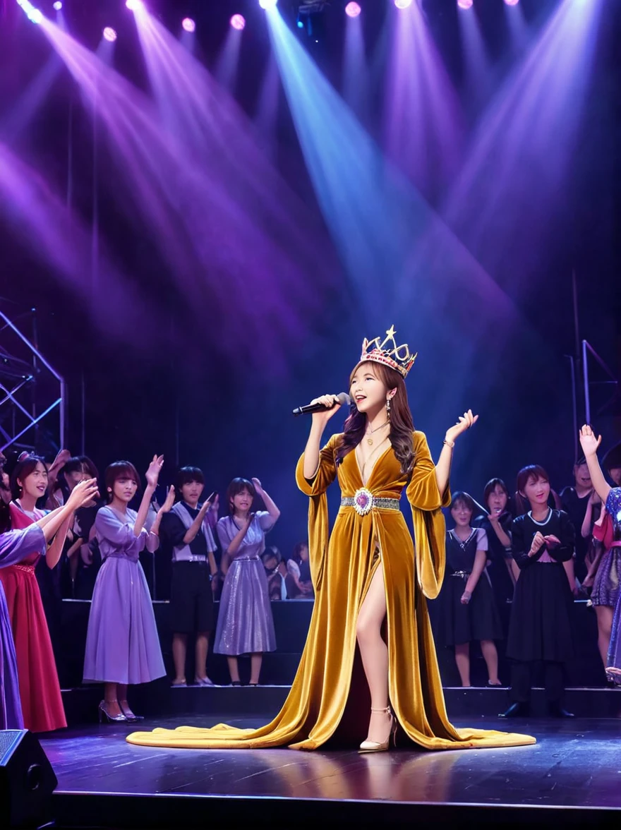 (Vision:1.8)，1girl, concert，(audience:1.5), (Idol stage:1.5)，weekend，站在金碧辉煌的Idol stage上，Wearing a golden crown，Dressed in a royal purple velvet robe，Wearing exquisite jewelry，Under the stage lights，A confident expression，The slim microphone fits in your hand，The stage is filled with smoke，Lights focus on people，It creates a mysterious and charming atmosphere，Beautiful eyes and lips，Even more attractive against the shadow background，Laser shows and moving stage effects complement the pulsating neon lights，Create a vibrant performance atmosphere，The stage floor is gleaming，The crowd was enthusiastic，Warm atmosphere，Eye-catching stage design，Full of technology，World-class production standards，Bringing a modern entertainment experience，Music and images blend perfectly，Demonstrating artistic expression and musical talent，The charming stage style makes people intoxicated，Best quality，8K, high resolution，masterpiece，Photorealistic effects，(从远处观看Idol stage:1.6)，((Stage scene in telescope))