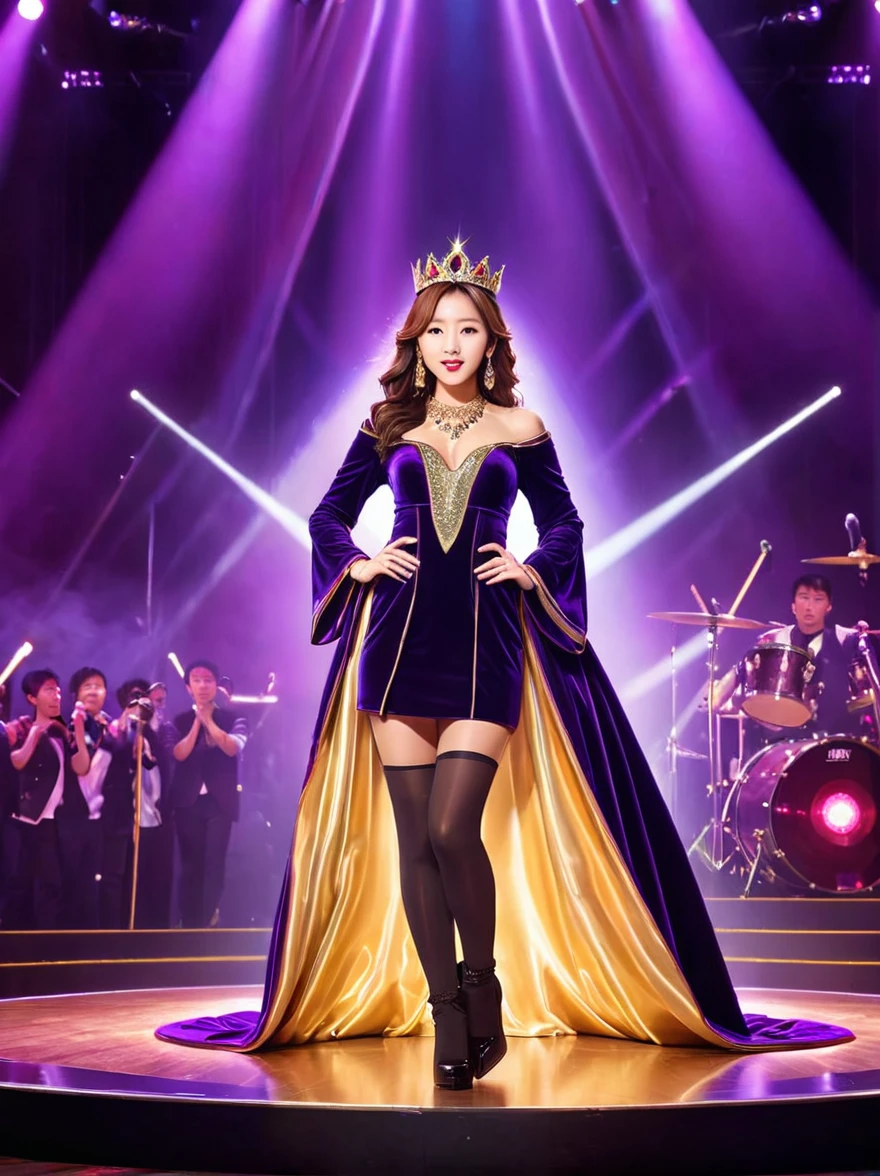 (Vision:1.8)，1girl, concert，(audience:1.5), (Idol stage:1.5)，weekend，站在金碧辉煌的Idol stage上，Wearing a golden crown，Dressed in a royal purple velvet robe，Wearing exquisite jewelry，Under the stage lights，A confident expression，The slim microphone fits in your hand，The stage is filled with smoke，Lights focus on people，It creates a mysterious and charming atmosphere，Beautiful eyes and lips，Even more attractive against the shadow background，Laser shows and moving stage effects complement the pulsating neon lights，Create a vibrant performance atmosphere，The stage floor is gleaming，The crowd was enthusiastic，Warm atmosphere，Eye-catching stage design，Full of technology，World-class production standards，Bringing a modern entertainment experience，Music and images blend perfectly，Demonstrating artistic expression and musical talent，The charming stage style makes people intoxicated，Best quality，8K, high resolution，masterpiece，Photorealistic effects，(从远处观看Idol stage:1.6)，((Stage scene in telescope))