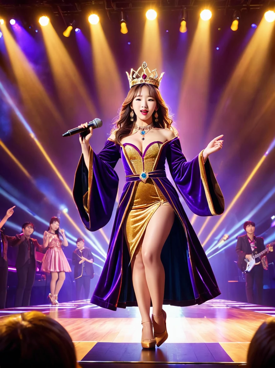 (Vision:1.8),1girl, concert,(audience:1.5), (Idol stage:1.5),weekend,站在金碧辉煌的Idol stage上,Wearing a golden crown,Dressed in a royal purple velvet robe,Wearing exquisite jewelry,Under the stage lights,A confident expression,The slim microphone fits in your hand,The stage is filled with smoke,Lights focus on people,It creates a mysterious and charming atmosphere,Beautiful eyes and lips,Even more attractive against the shadow background,Laser shows and moving stage effects complement the pulsating neon lights,Create a vibrant performance atmosphere,The stage floor is gleaming,The crowd was enthusiastic,Warm atmosphere,Eye-catching stage design,Full of technology,World-class production standards,Bringing a modern entertainment experience,Music and images blend perfectly,Demonstrating artistic expression and musical talent,The charming stage style makes people intoxicated,Best quality,8K, high resolution,masterpiece,Photorealistic effects,(从远处观看Idol stage:1.6),((Stage scene in telescope))