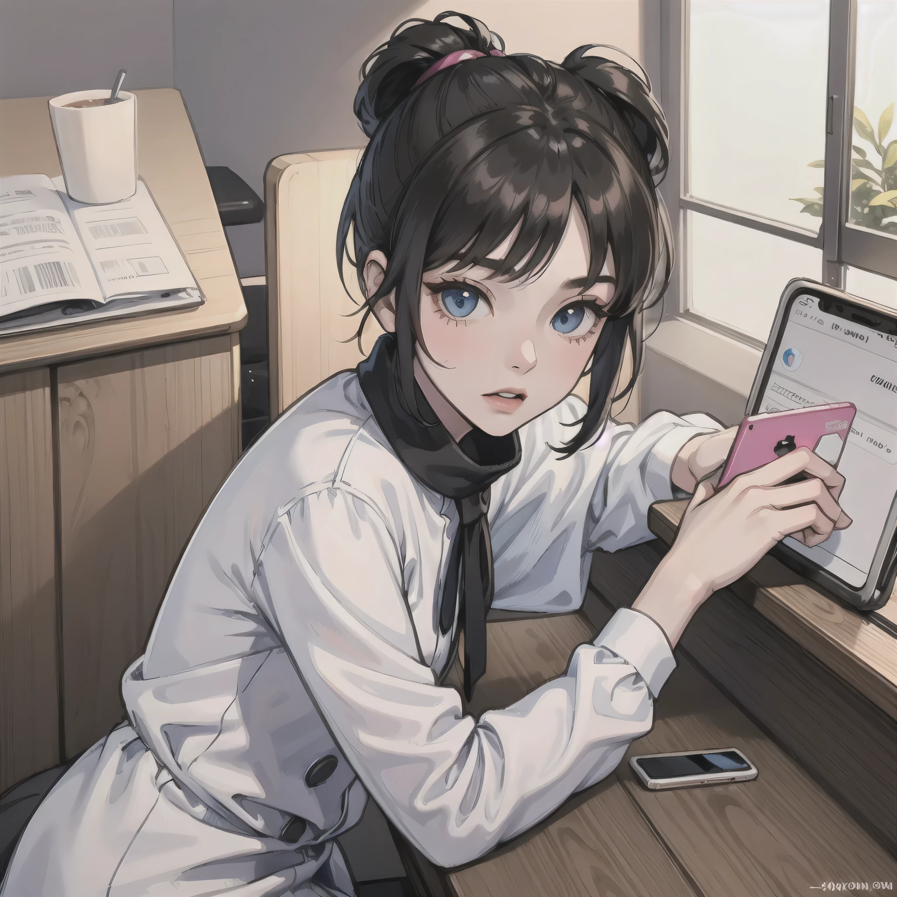 A girl with a black ponytail,wearing white clothes,Blue eyes,home,Look at the phone