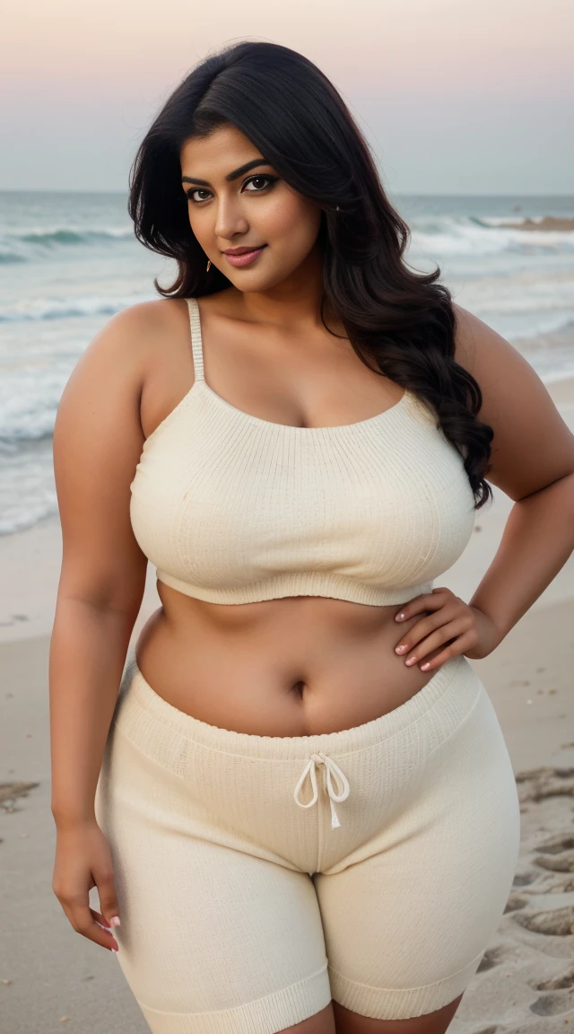 srabanti chatterjee Indian beautiful actress curvy plus size hour glass bulky figure woman, closeup camera view, wearing SHEIN Tween Girls' Knitted Color Block Crop Top With Round Neckline And Knitted Swimsuit Set, different style hairstyle, bright eyes, thin eyebrows, fair skin, blushing cheeks, prefect head to toe view, full body view, Sunset Beach: A sandy beach with golden hues, crashing waves, and romantic sunsets. smile face, black hair, Indian face, perfect skin tone light, ultra realistic skin texture