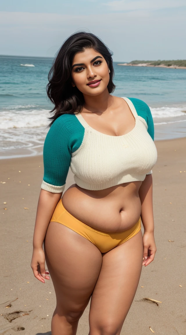 srabanti chatterjee Indian beautiful actress curvy plus size hour glass bulky figure woman, closeup camera view, wearing SHEIN Tween Girls' Knitted Color Block Crop Top With Round Neckline And Knitted Swimsuit Set, different style hairstyle, bright eyes, thin eyebrows, fair skin, blushing cheeks, prefect head to toe view, full body view, Sunset Beach: A sandy beach with golden hues, crashing waves, and romantic sunsets. smile face, black hair, Indian face, perfect skin tone light, ultra realistic skin texture