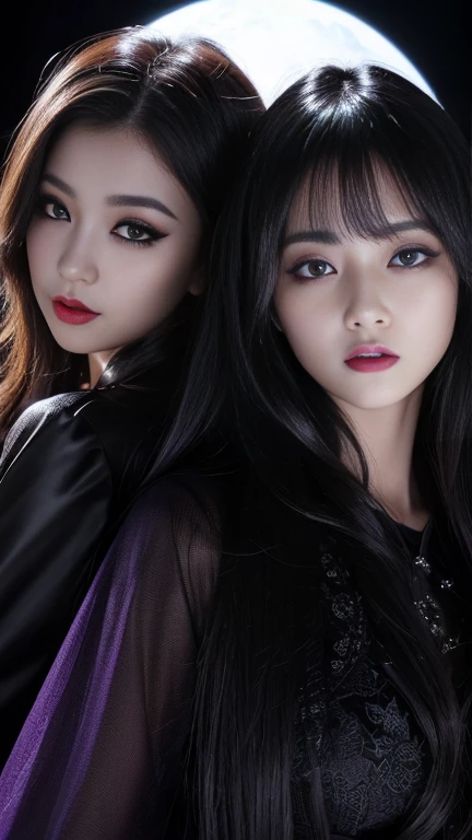 highest quality、masterpiece、8k、Award-winning works、Hyperrealism、Vampire Princess、、Photographing faces with beautiful composition、The most detailed and beautiful face、Cold look、look at me、Long eyelashes、Creepy Makeup、Black lipstick、purple eye shadow、Beautiful glossy lips、highest qualityのウルトラHDスキン、The most detailed eyes、High quality black camisole、Pitch black background、dark、Beautiful long hair、(Glowing Eyes、Sharp Fangs、Bloody mouth)、(((Midshot 1.5)))、Backlight、(((Two Women 1.5)))、(((抱き合うTwo Women 1.5)))、(((They are sisters..2)))