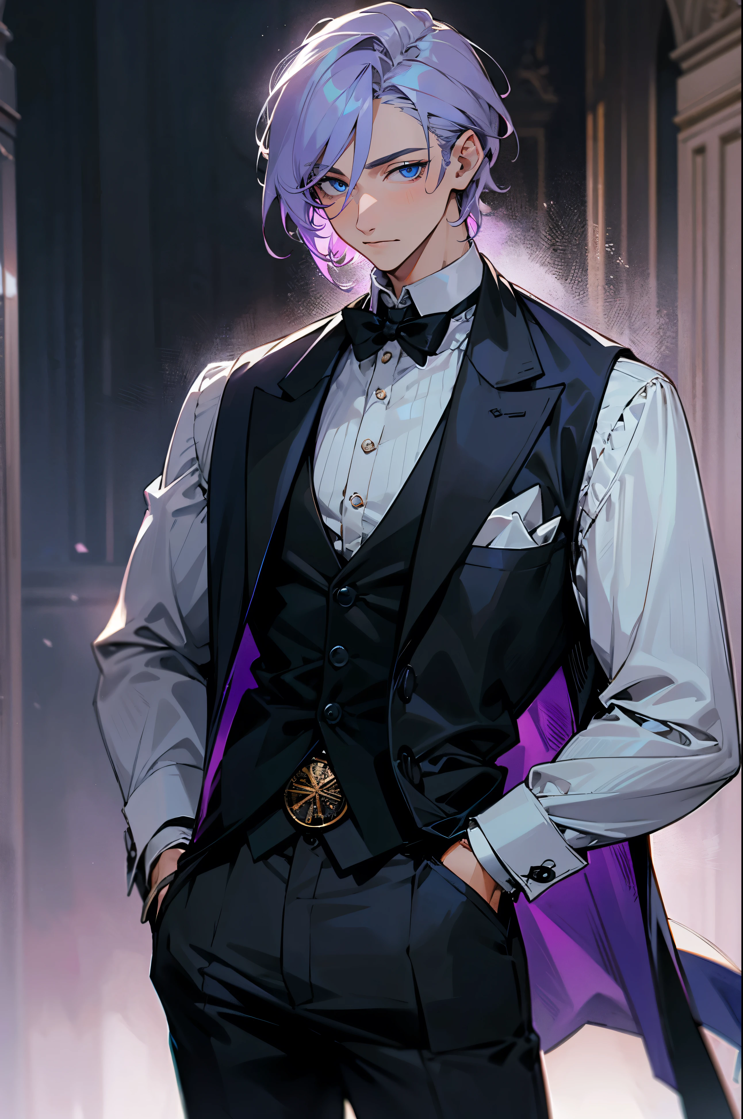 1male, Adult, Blue eyes, Lavender Colored Hair, London, Livingston Black Brushed Cotton Vest, Pocket Watch, Black Pants, Victorian Era Clothes, Dark Night, Muscular, Middle Parted Hair, Short Hair