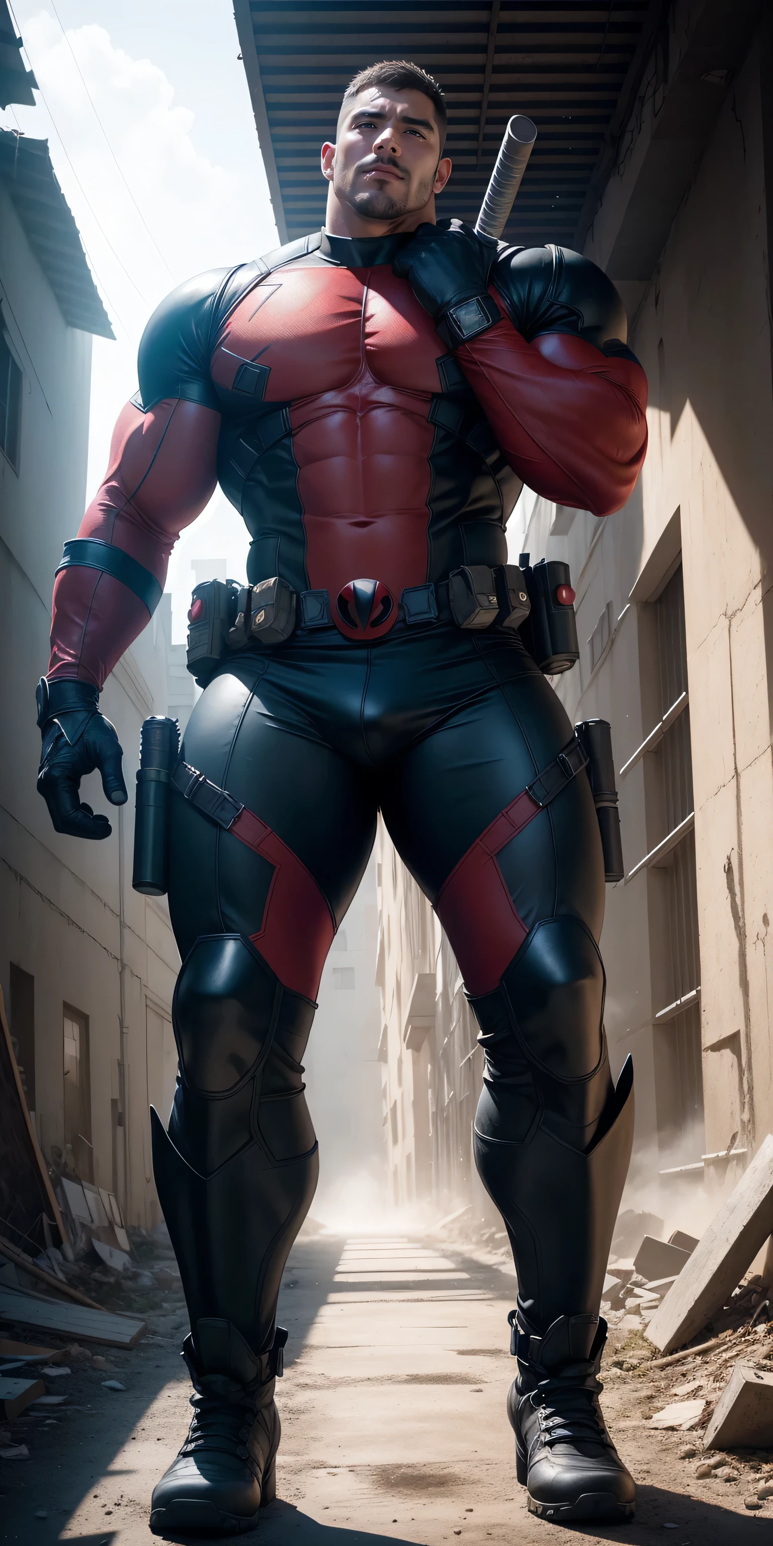 2 meter tall muscular hero, Very tall，Super hero：Deadpool, Red and black striped Deadpool tights, Warm and thick, character concept（Resident Evil - Chris Redfield, Mechanical leather armor, His muscles are huge, Lightweight texture, Small grid texture, Regular symmetrical texture pattern, A sad expression, Deep and charming eyes, He stood in the open air among the ruins, Heroic male pose, tall Burly, muscular！Attractive leg muscles, High, Burly, Heqiang, Super Buff and Coolness, High Resolution Committee, Yellow-gray ultra-thin nano-mechanical big-foot boots, Charismatic strongman, The bright sunshine shines on you, Matte particles, Shiny texture, shadow, Chiaroscuro, Divine Light, best quality