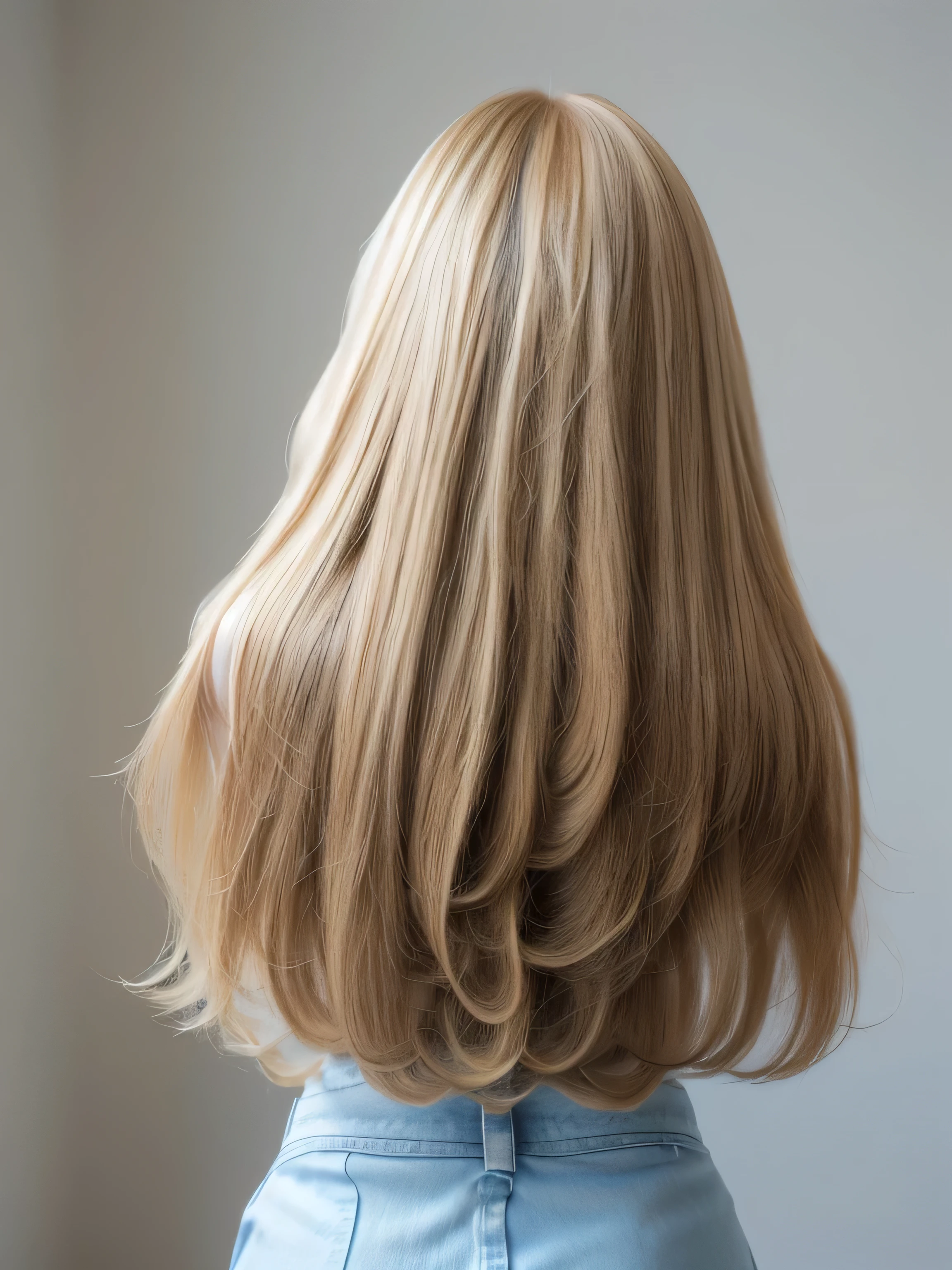 (Pure white wall background:1.8. Upper body photo from the knees up) ((Random booty poses that show as much back and hair as possible:1.5)) ((Beautiful model with long platinum blonde hair, girl with super length Hair, extremely length Hair, extra length Hair, very long, Flowing Hair, very length Hair, length Hair girl, very long, Flowing platinum blonde hair, length Hair windy, very longプラチナブロンドヘア, length, Flowing Hair, length and or curly hair, with length Hair, length Hair!!!! Her highest quality hair is long and 真っ直ぐ or curly hair very long, highest quality platinum blonde, length hair in the center, Highest quality long Straight or curly hair, length, Straight or curly hair, beautiful, High quality platinum blonde hair, length and platinum blonde hair highest quality Straight or curly hair, length Hair, length and Straight or curly hair, highest quality platinum blondeヘア, Perfect silky Straight or curly hair of the highest quality, Straight or curly hair, highest quality platinum blondeヘア, length platinum blonde hair Straight or curly hair, length, Light platinum blonde hair Her hair is long and Straight or curly hair, very longプラチナブロンドヘア, length hair in the center, length Straight or curly hair, length, Straight or curly hair, beautiful hair of the highest quality, length Hair, length, Straight or curly hairプラチナブロンドヘア , length and free Straight or curly hair Platinum blonde hair, Straight or curly hair Platinum blonde hair)) (Her bangs are perfect.:1.3) (France's most beautiful 24-year-old hair model) ((highest quality)), ((masterpiece)), (Familiar) (Get used to it) Perfect Face (Her skin is a typical French complexion..、And very detailed) (Big Breasts) (She is wearing a light blue skirt and a white blouse......) (She has a beautiful French face and a typical French figure...., Narrow eyes) (She has perfect beautiful makeup and face Lipstick is light red A solid eyeliner) ((Rich 1.4)) (Extremely detailed 8K) (Ultra-fine skin texture 1.4) (Actual, Vibrant:1.4), double eyelid Sharp focus:1.2、Beautiful woman:1.4 Dynamic Lighting (Genuine RAW photos taken by professional photographers) (Her long bangs、Well Organized) Professionally lit from the front (She has a bright and cheerful face)