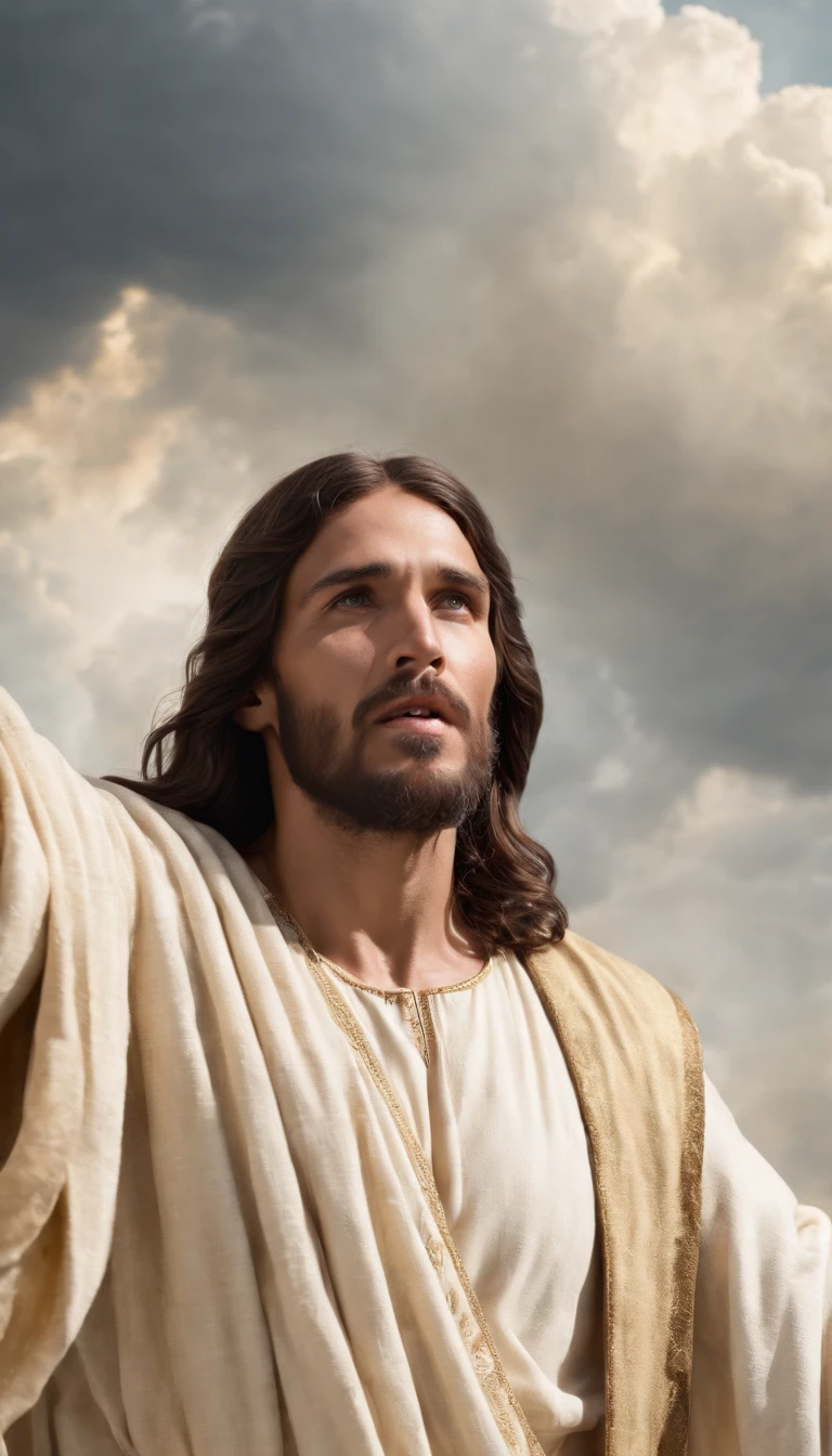 Jesus Cristo voando sobre as nuvens passando por Deus e seus anjos com armaduras Angelicais