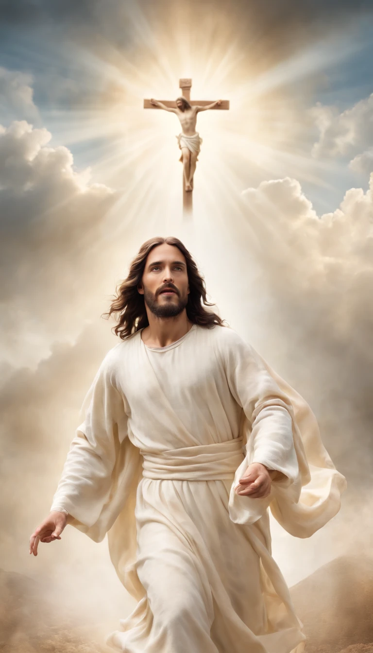 Jesus Cristo voando sobre as nuvens passando por Deus e seus anjos com armaduras Angelicais