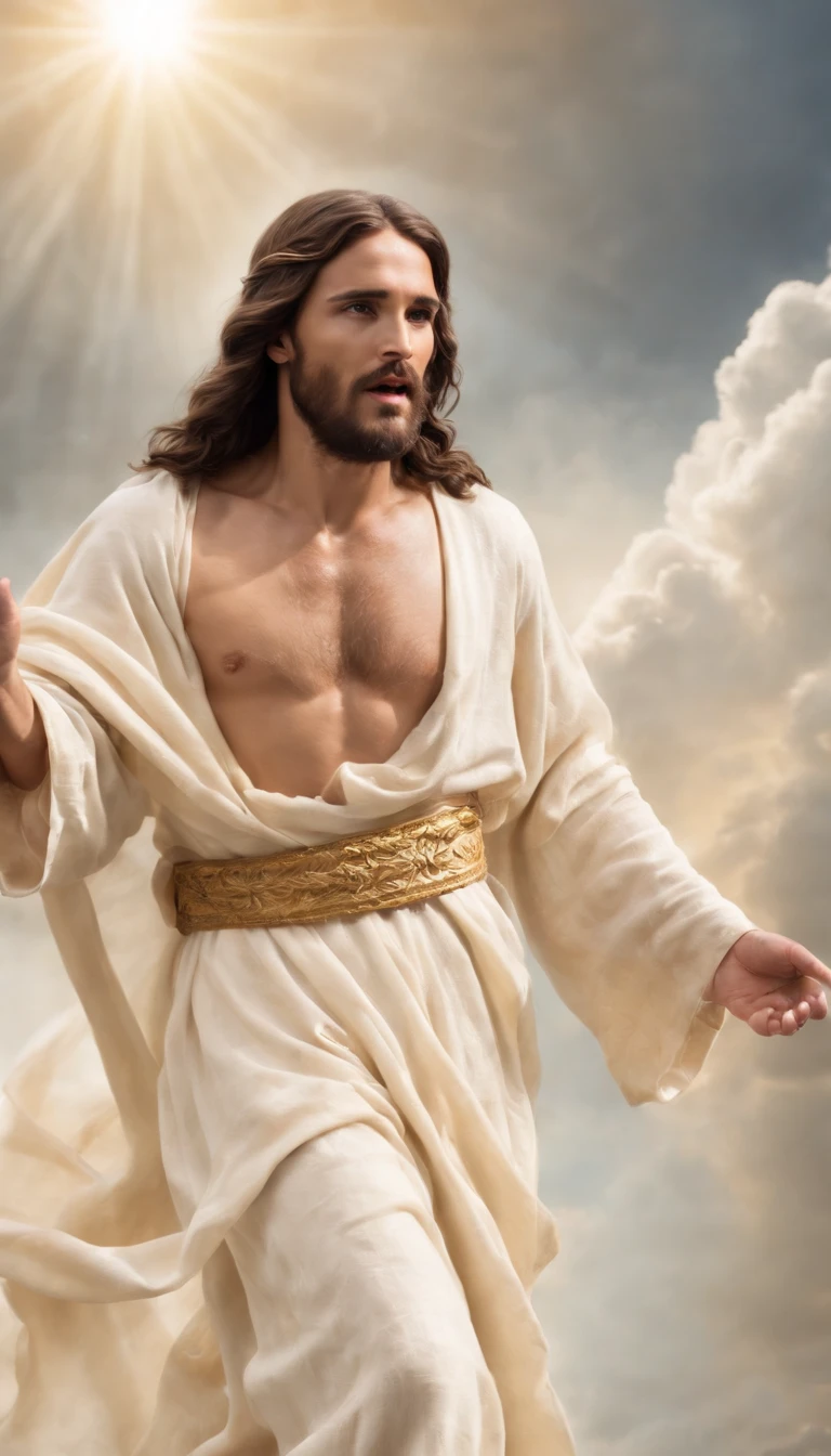 Jesus Cristo voando sobre as nuvens passando por Deus e seus anjos com armaduras Angelicais