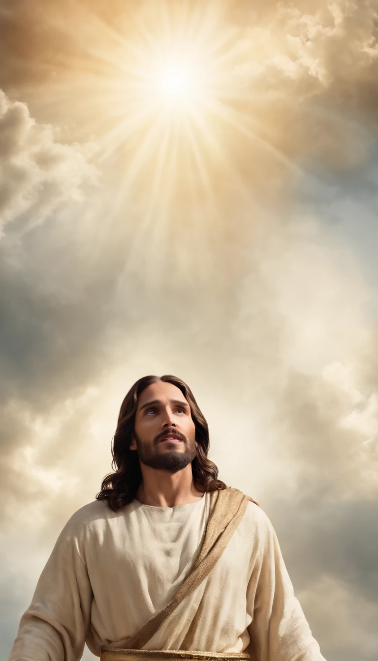 Jesus Cristo voando sobre as nuvens passando por Deus e seus anjos com armaduras Angelicais