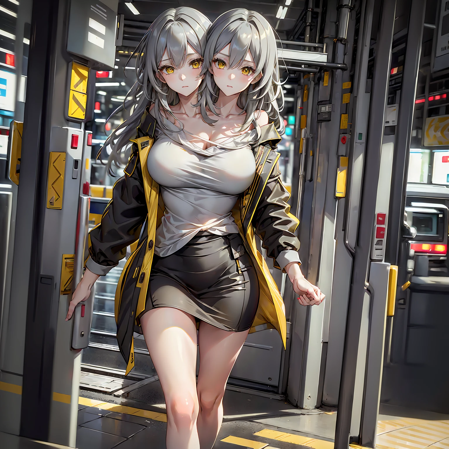 (masterpiece,best quality), best resolusion,2head:1.5,1 girl,Stelle character,long gray hair,yellow eyes,wearing a thin white shirt,wearing a black open jacket with yellow patterns,normal breasts, modern fast train background,beautiful face,beautiful hand,beautiful body,beautiful eyes,beautiful hair