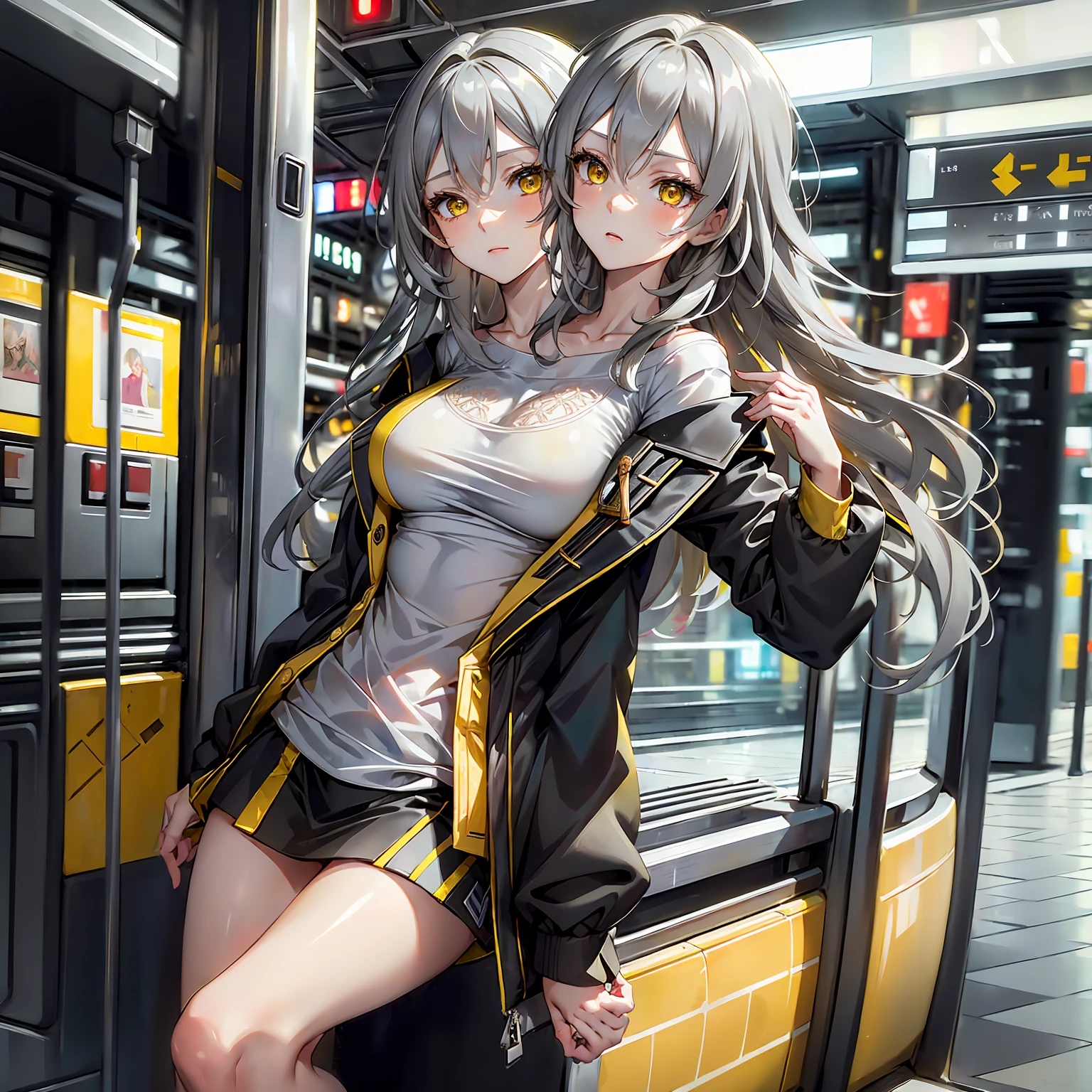 (masterpiece,best quality), best resolusion,2head:1.5,1 girl,Stelle character,long gray hair,yellow eyes,wearing a thin white shirt,wearing a black open jacket with yellow patterns,normal breasts, modern fast train background,beautiful face,beautiful hand,beautiful body,beautiful eyes,beautiful hair