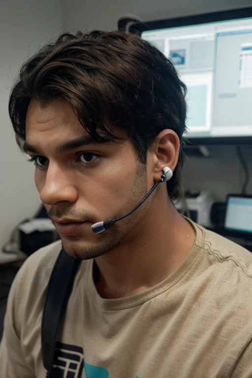 Crie uma imagem realista 4k, de um homem de perfil fazendo atendimento em um call center, in the background there are several service bays with other people answering calls, mas somente o homem tenha destaque na foto. Also highlight the device on which he listens and speaks on calls, Show the headset with the part in the ear and the other close to the mouth.