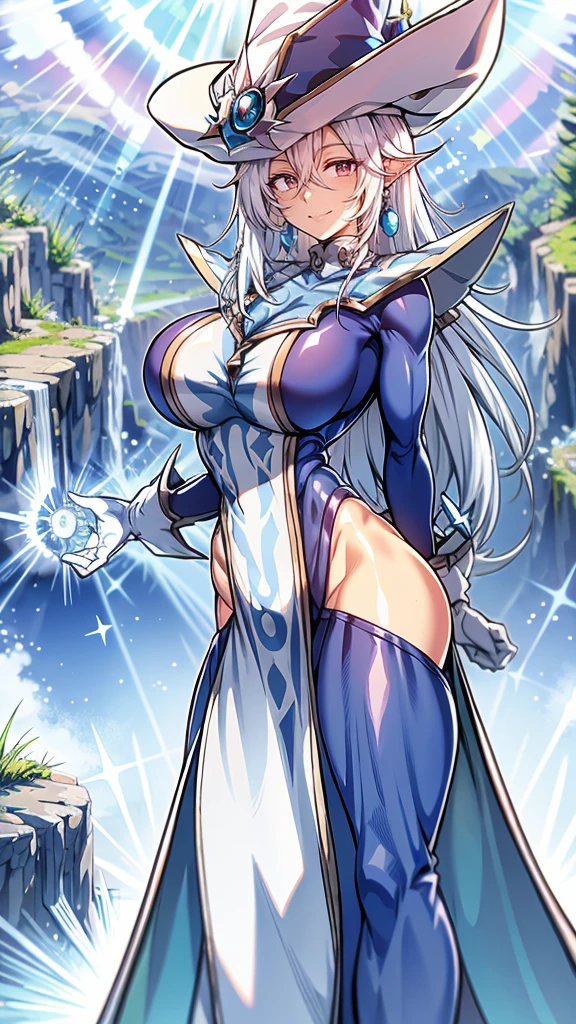 Silent magician, ropa apretada, poca piel visible, ((  ruborizada, sonrisa, oiled skin)),  pelo largo, cabello blanco, (( white hair, piernas descubiertas)), sombrero blanco, Skinny body, abs, muscle, muscle girl, big sagging breast , monstruo de duelo, Iparuputsua, de pie en la entrada de un castillo, brazos a los costados, magic world background, mundo medieval .