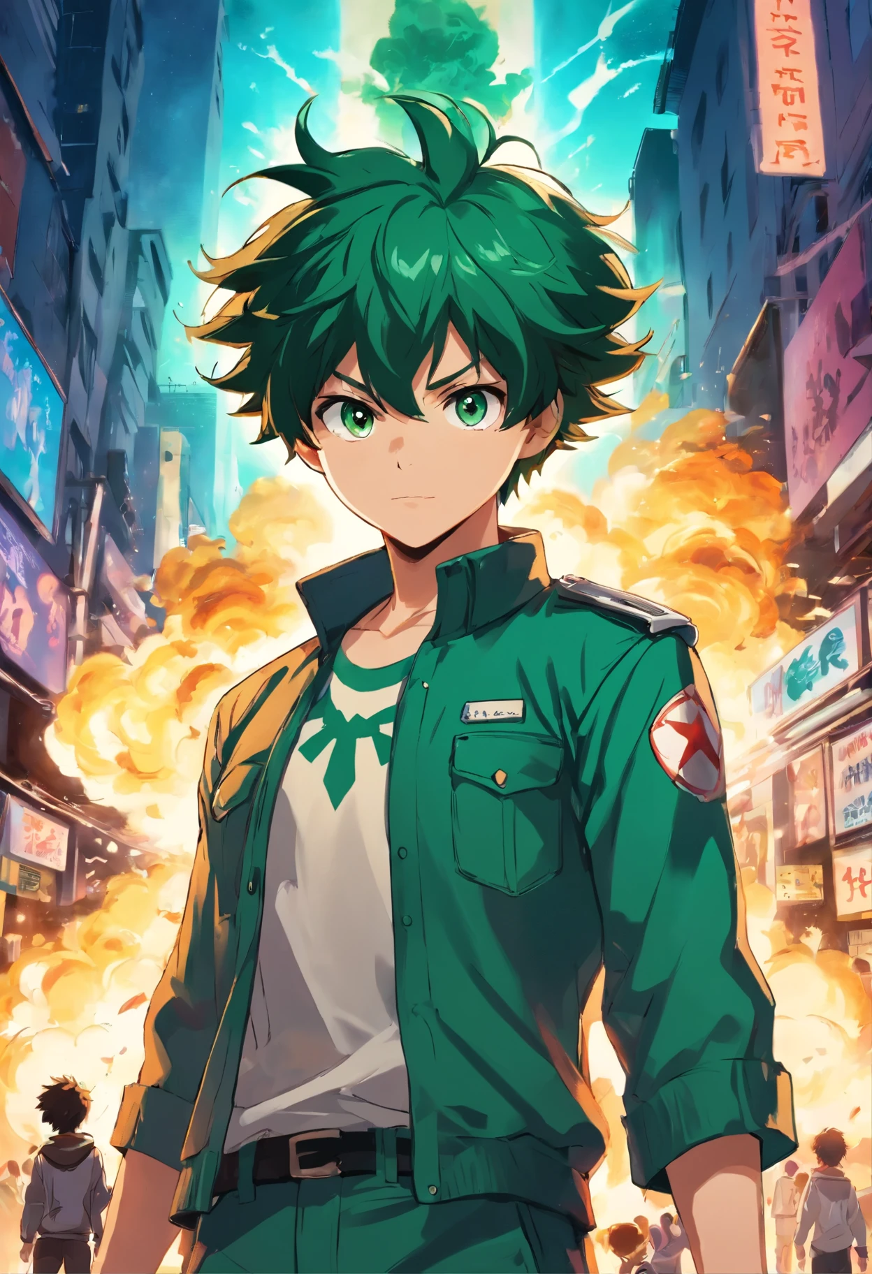 "Create a stunning movie poster inspired by Kohei Horikoshi's my hero academia, showcasing adult Deku in his iconic hero uniform gazing into the destruction made by the villains in the lightless night."
