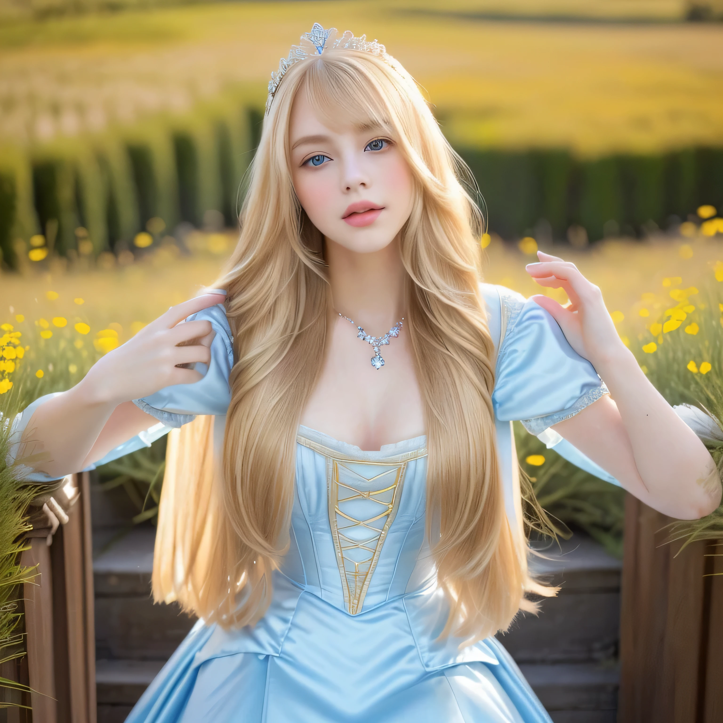 (Big Tits 1.4) ((highest quality)), ((masterpiece)), (Get used to it), Perfect Face (French) (She is 18 years old、The cutest and most beautiful fantasy girl from France, Solo Shooting) ((highest quality)), ((masterpiece)), length blonde hair length, Shiny golden hair,Golden Silky Hair, Straight blonde hair, length blonde straight hair, Perfect Silky Straight Hair, Straight blonde hair, length blonde hair, Her hair is long and straight, detailed length blonde hair ((big 1.4)) Super Long Hair down to the ankles ((Neat bangs The neatly trimmed bangs are princess cut and cover the entire forehead........))... bright crimson lips good, Anatomically correct hand Thin fingers Anatomically correct five fingers Sexy professional makeup Beautiful French girl face, French facial features, Long Hair shiny Long Hair, length, Shiny golden hair, length, Straight Golden Hair, Her hair is long and straight, Super Long Hair girl, Silky Hair, length blonde hair, Silky Hair, length, Flat Hair, Silky texture, Long Hair, length, Flowing blonde hair, thin and shiny hair Anatomically correct、White beautiful human skin and detail of hands and fingers Beautiful Eyes Mouth Details the corners of the mouth rise slightly Cool look (The eyebrows are dark brown in color) (She is wearing the gorgeous blue dress worn by Cinderella in the live-action version. Disney Color Photos、tumbler、Renaissance、Cinderella、She is wearing a gorgeous white Victorian dress..) (This is a European meadow in the 16th century.:1.5) (She is looking at the viewer with a sexy look.)