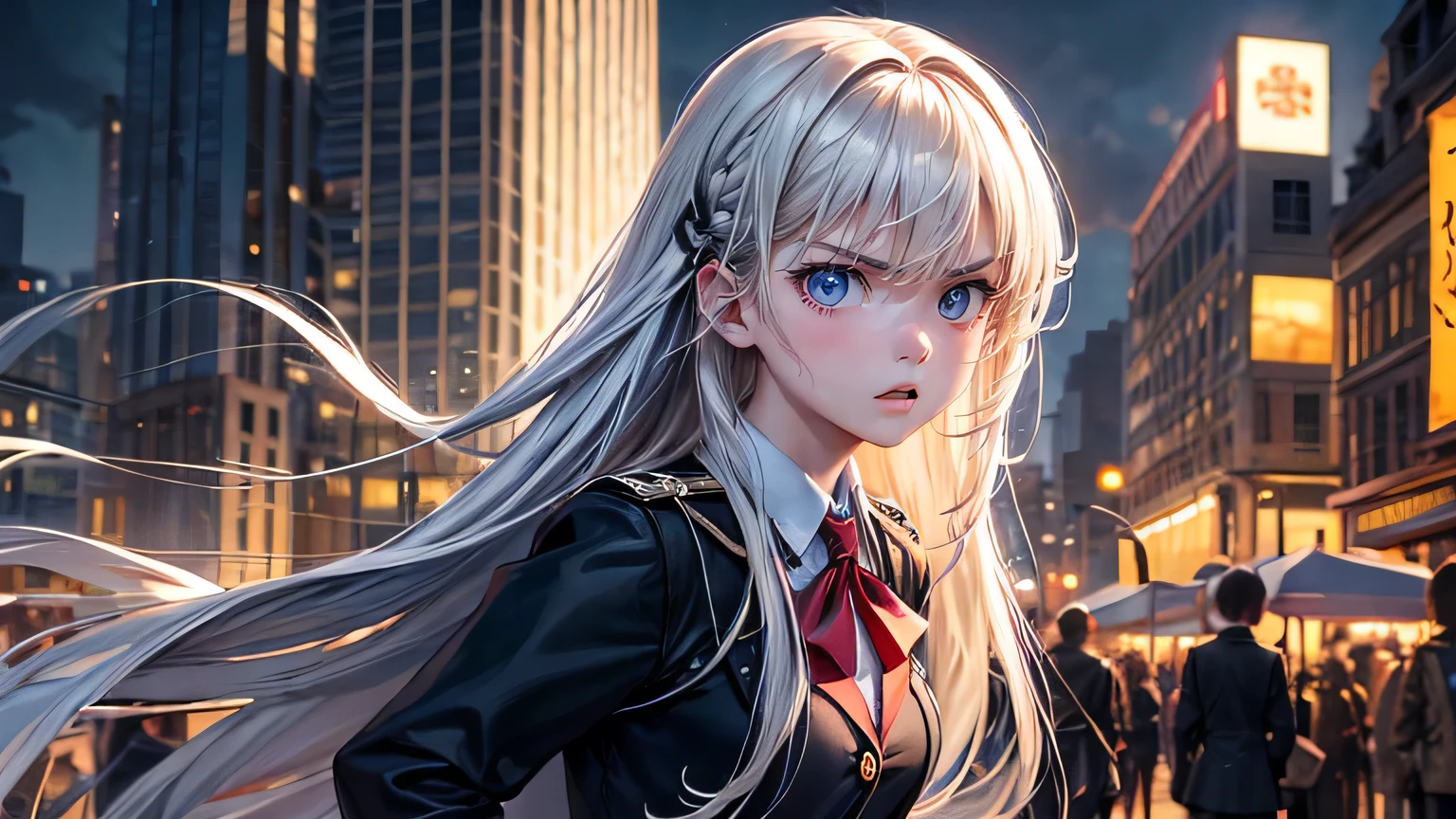 (oil, masterpiece, highest quality, Super detailed, Focus on the characters), high school girl,uniform,Angry expression,Detailed hair depiction,Detailed depiction down to the tips of the hair([return:0.8]|[ face facing returnwards:1.1]), ,([Night City Scenario:1.2]|[ ground:1.3]| [High Contrast:1.1])  