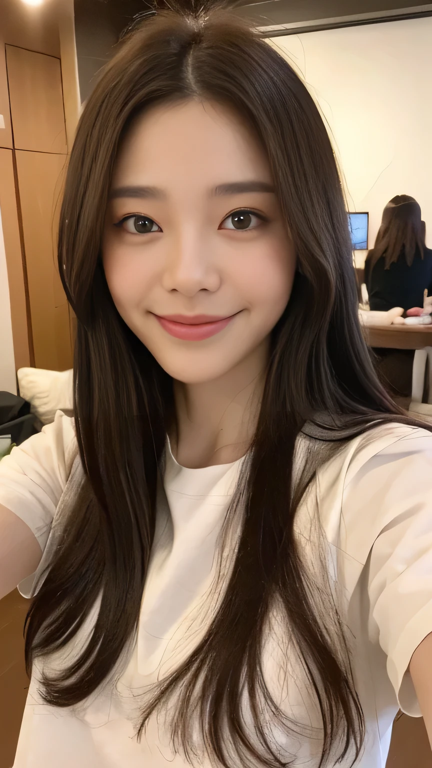 Full body angle、((highest quality, 8K, masterpiece:1.3)), concentrated:1.2, Perfect body beauty:1.4, Hips:1.2, ((Delicate Hair)), (Colorful cross neck slim fit t-shirt for women、 :1.1) , ((highest quality、8K、masterpiece:1.3))、1 Girl、A sloppy smile、Esbian all over、Slim face、Big 、Beautiful woman、(Dark Brown Hair)、Long Hair、1.1、Flickering Valley、Detailed eyes、double eyelid、Blurred Background、超Slim face、Smile、Looking down、