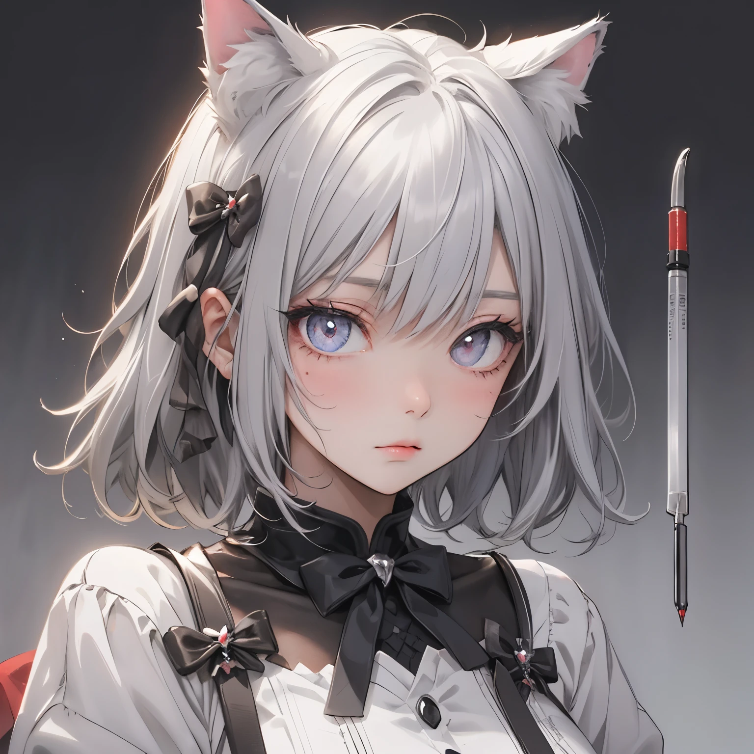 Cat ears with silver-gray ribbon、Silver grey short hair、Silver-gray eyes、Glosercury、thermometer、Red point