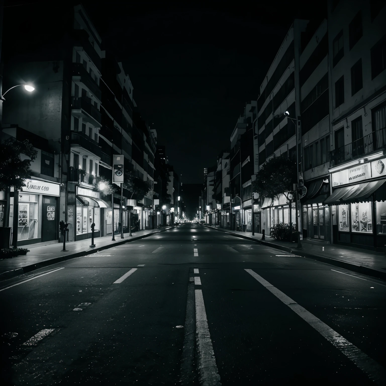 An illustration of a night city, Buenos Aires and a feeling of loneliness in the empty streets. Blanco y negro.