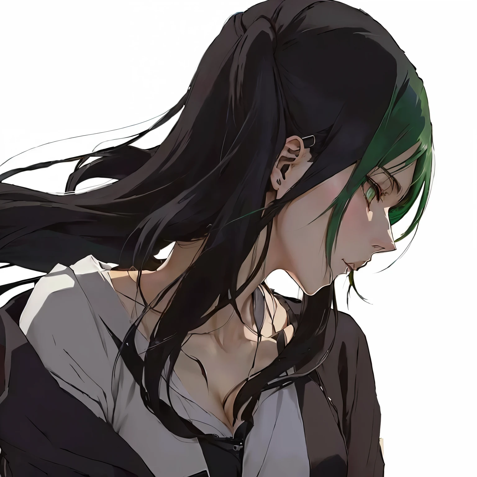 anime girl with long black hair and green eyes looking down, in the anime film ergo proxy, profile of anime girl, in the anime series ergo proxy, rei hiroe black lagoon manga, revy black lagoon, screenshot from guro anime, black lagoon, romanticism lain, close up iwakura lain, kurisu makise steins gate anime